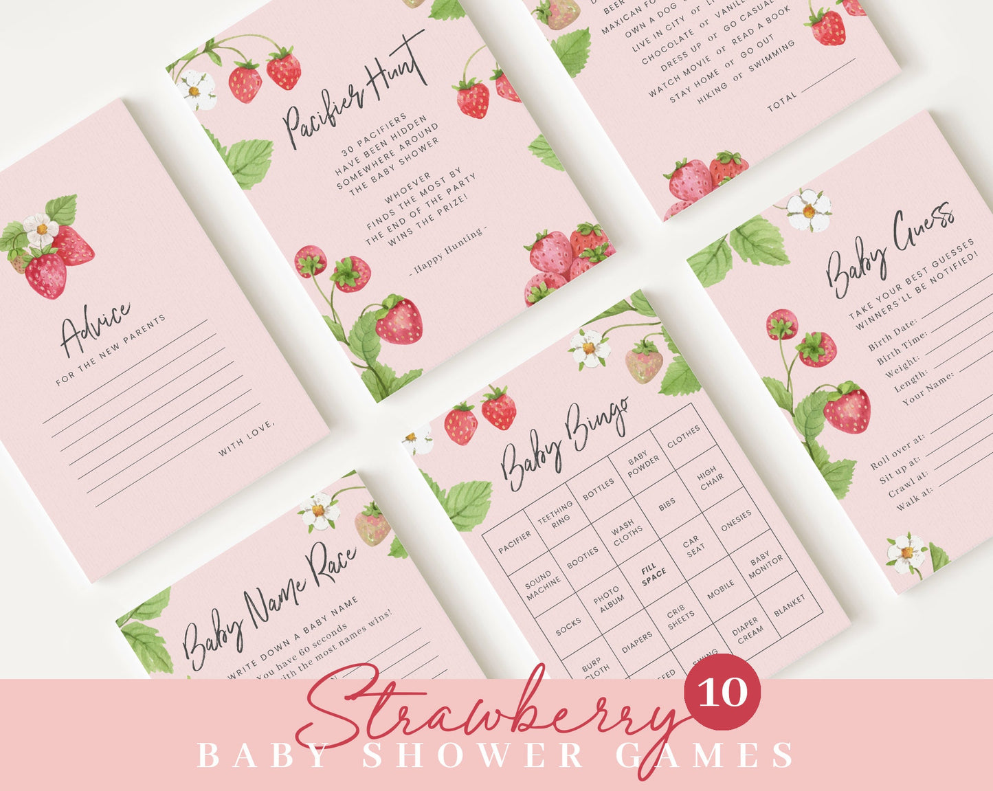 Editable Strawberry Baby Shower Bundle, Strawberry Baby Shower Invitation Bundle, with Games Bundle and All Decorations STRWBS001