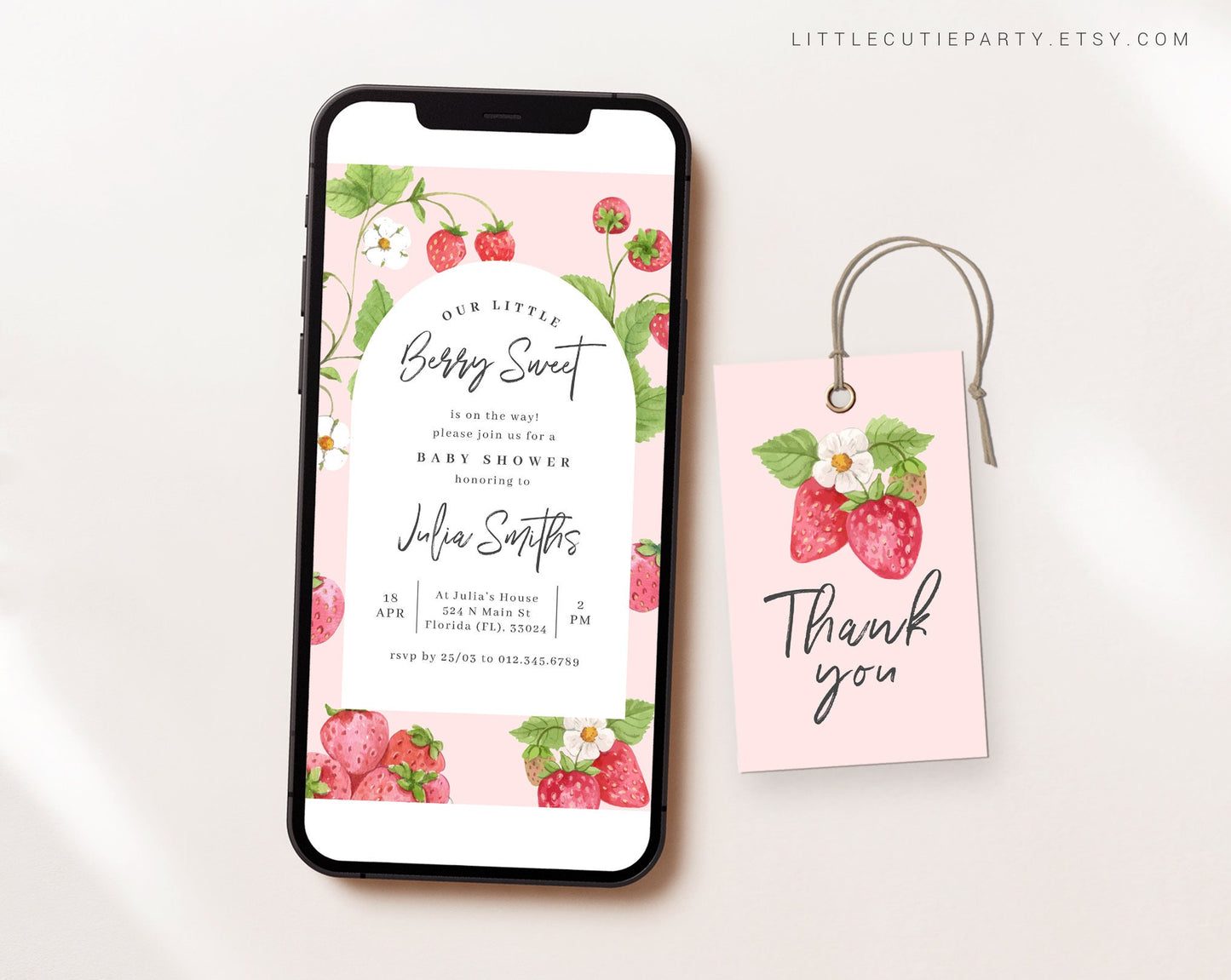 Editable Strawberry Baby Shower Evite, Strawberry Baby Shower Invitation, Strawberry Electronic Invite STRWBS001