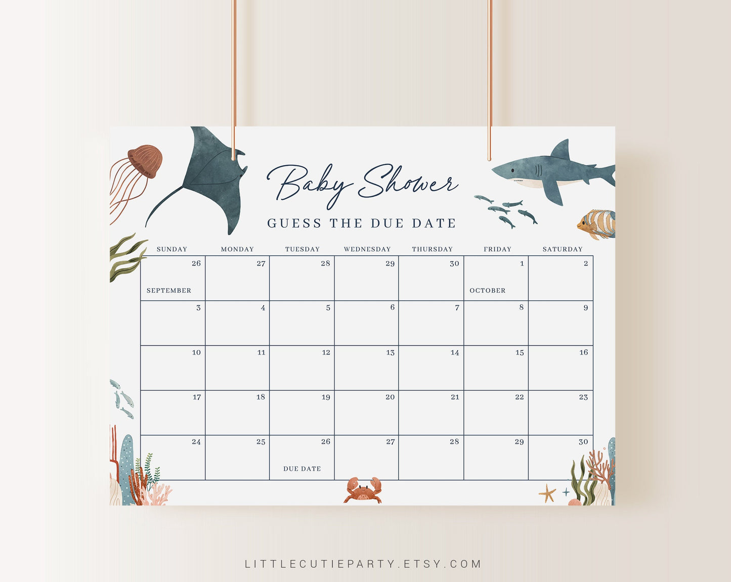 Editable Ocean Baby Shower Due Date, Ocean Baby Calendar Game, Due Date Calendar for Under the Sea Party OCENBS001