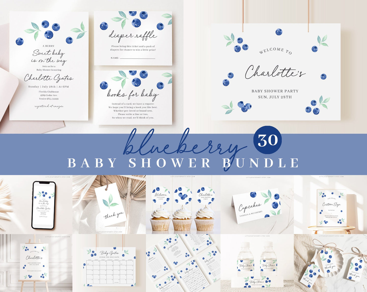 Editable Blueberry Baby Shower Bundle, Blueberry Baby Shower Decorations, with Games Bundle and All Decorations BLUEBS001