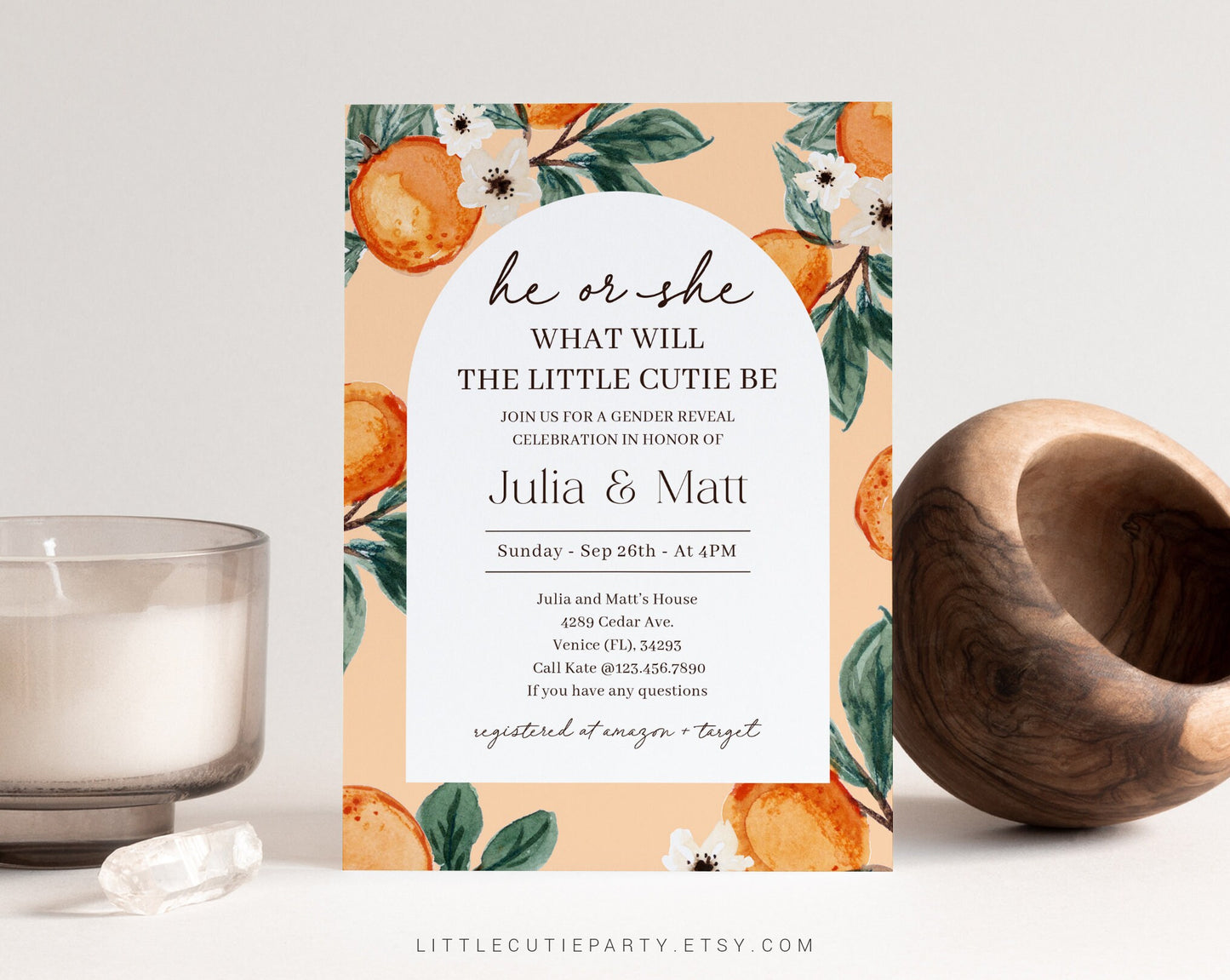 Editable Little Cutie Gender Reveal Invitation, Orange Gender Reveal Invitation, Cutie Baby Shower, with Little Cutie Favors LITTGR001