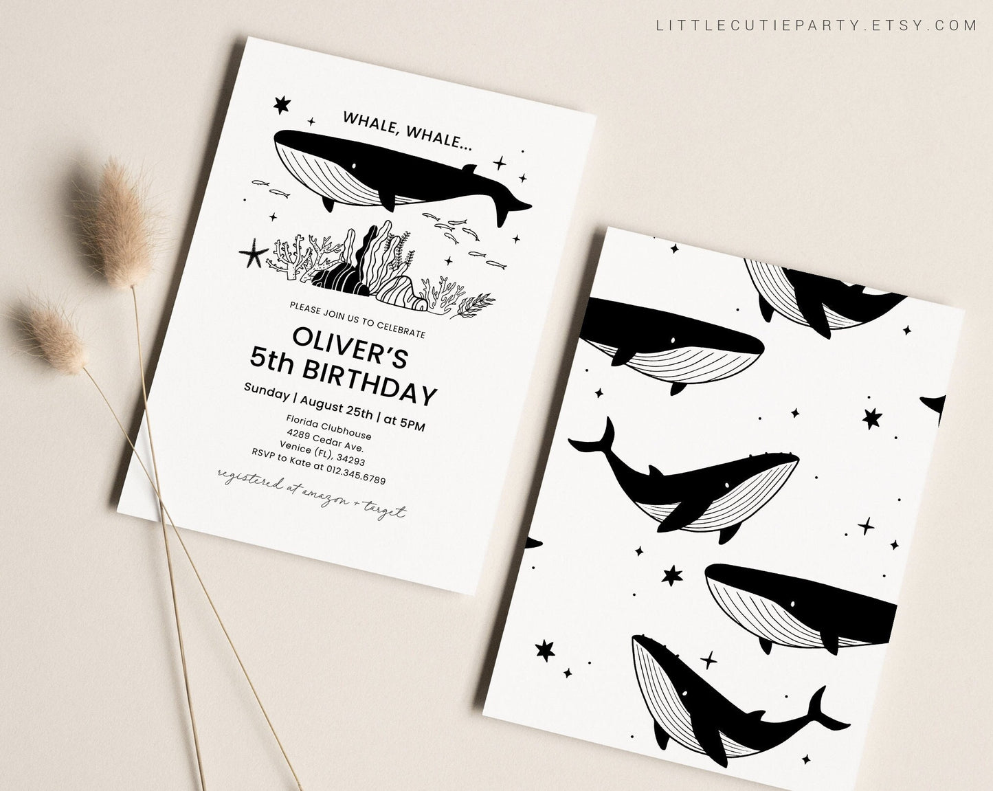 Editable Whale Birthday Invitation, Orca Birthday Invitation, Under the Sea 1st Birthday Party Invitation with Gift Tag OCENBD003
