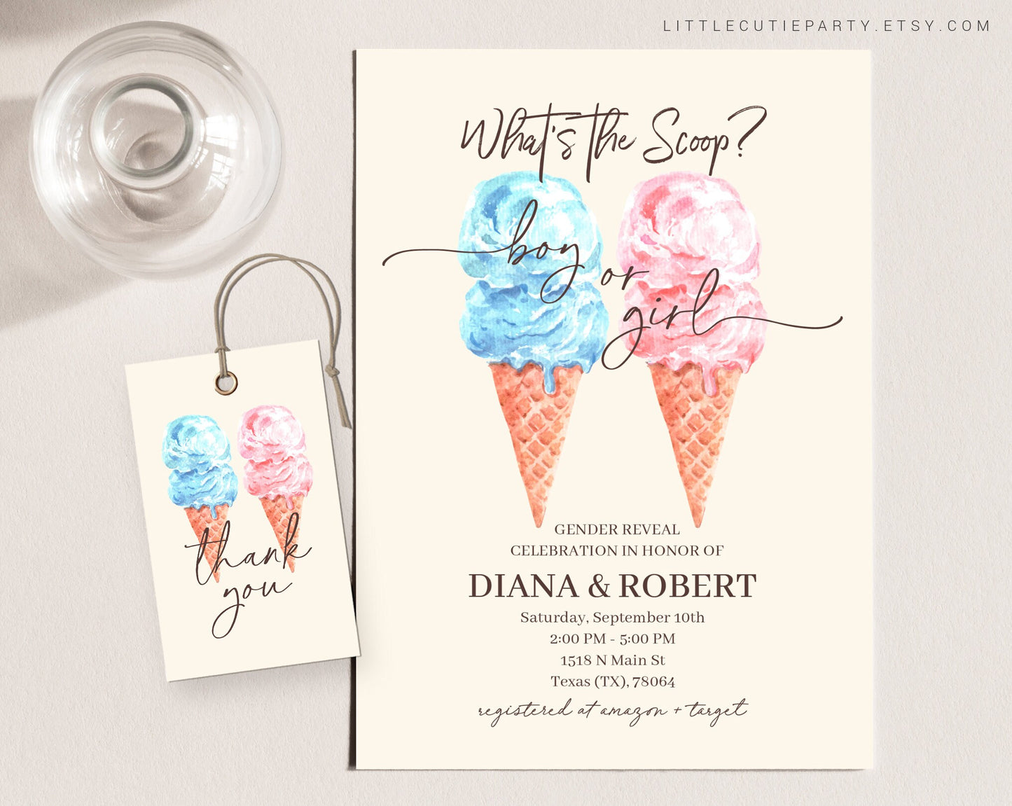 Editable Whats the Scoop Gender Reveal, Whats the Scoop Invite Template, He or She, Boy Or Girl, Gender Reveal Evite SCOGR001