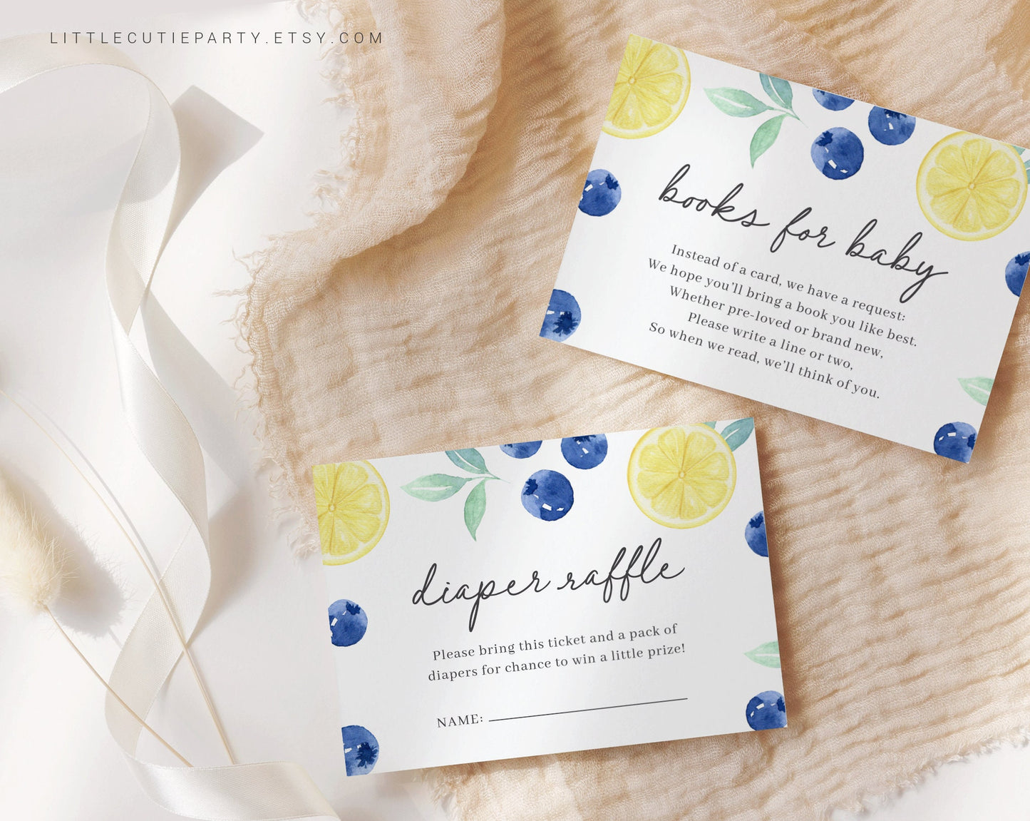 Editable Blueberry Lemon Baby Shower Invitation, Berry Sweet Baby Shower with Diaper Raffle, Books for Baby and Gift Tag BLEMBS001