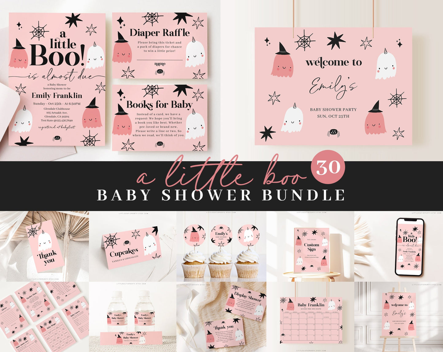 Editable Little Boo is Almost Due Invitation, Halloween Baby Shower Bundle with Games Bundle and All Decorations HAWBS001