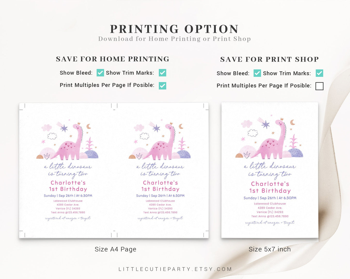 Editable Girl Dinosaur Birthday Invitation, Pink Dinosaur Birthday Invitation, Dinosaur Girl Birthday Invitation with Gift Tag DINOBD001