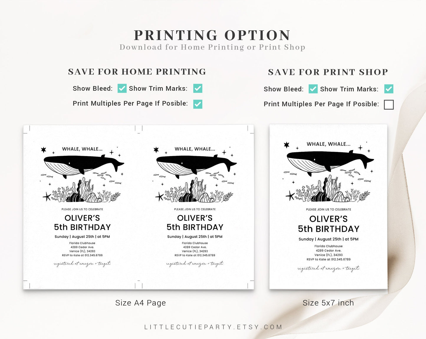 Editable Whale Birthday Invitation, Orca Birthday Invitation, Under the Sea 1st Birthday Party Invitation with Gift Tag OCENBD003