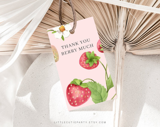 Editable Berry First Birthday Invitation, Strawberry Birthday Invitation, Girl 1st Birthday Invitation with Berry Gift Tags STRWBD001