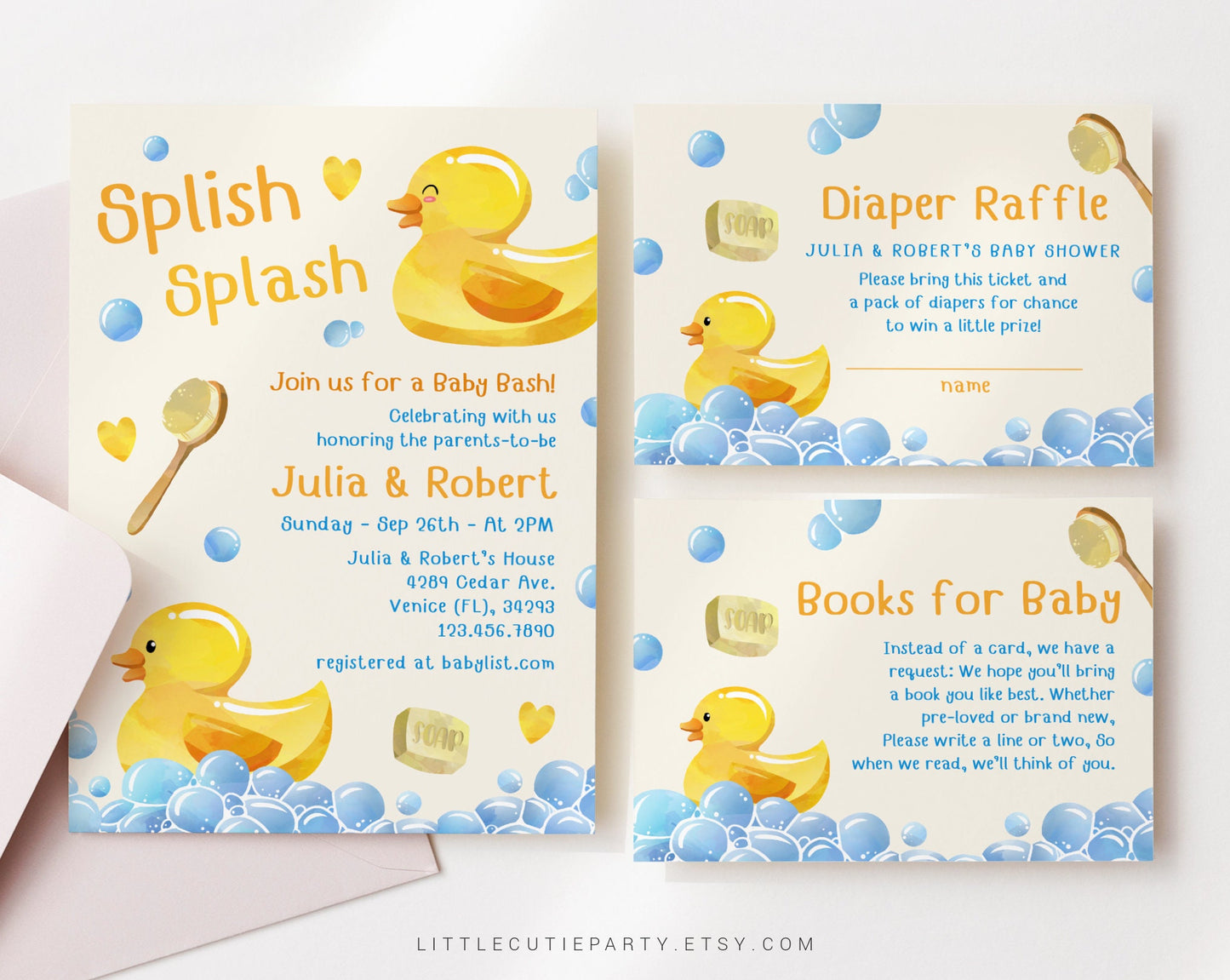 Editable Rubber Duck Shower Invitation, Rubber Duck Baby Shower Invitation with Diaper Raffle, Books for Baby and Gift Tag RUBBS001