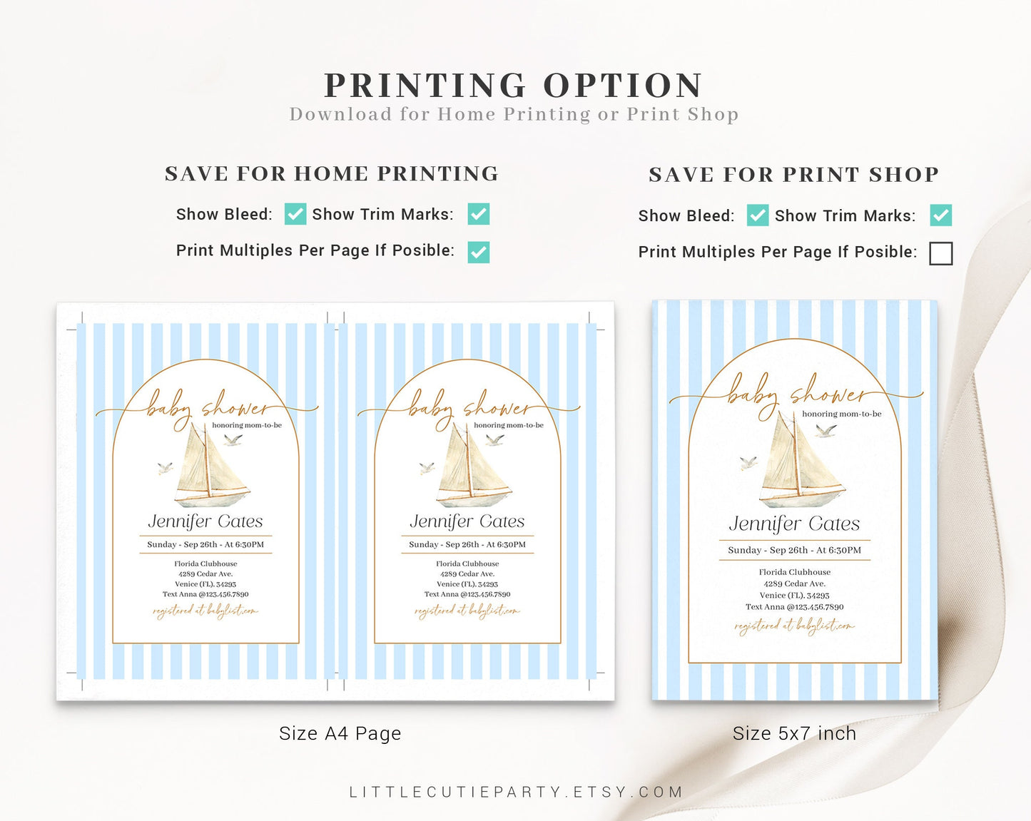 Editable Sailboat Invitation, Nautical Baby Shower Invite with Diaper Raffle, Books for Baby and Gift Tag, Blue Nautical Theme NAUBS002