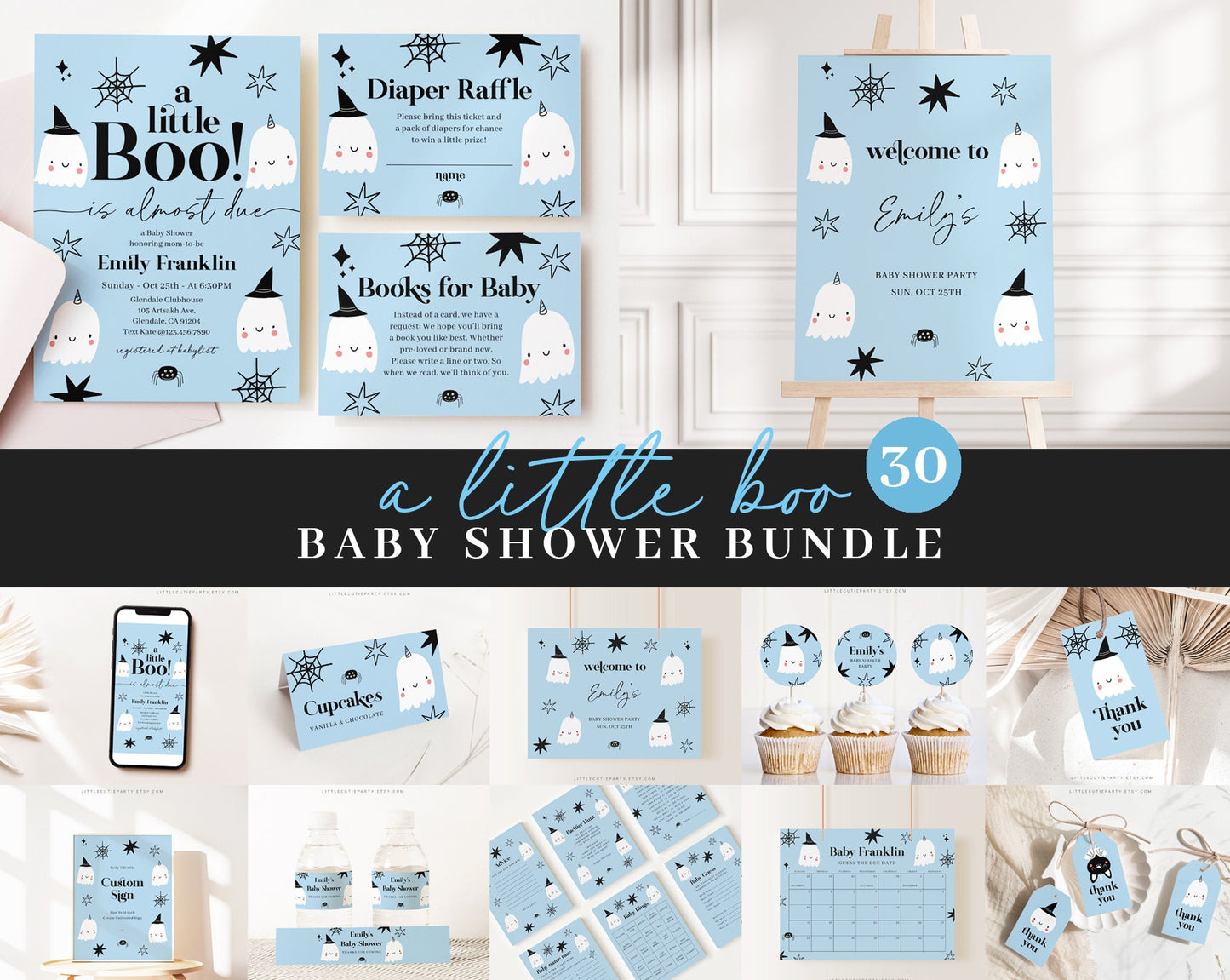 Editable Halloween Baby Shower Bundle, Little Boo is Almost Due, with Games Bundle and All Decorations HAWBS003
