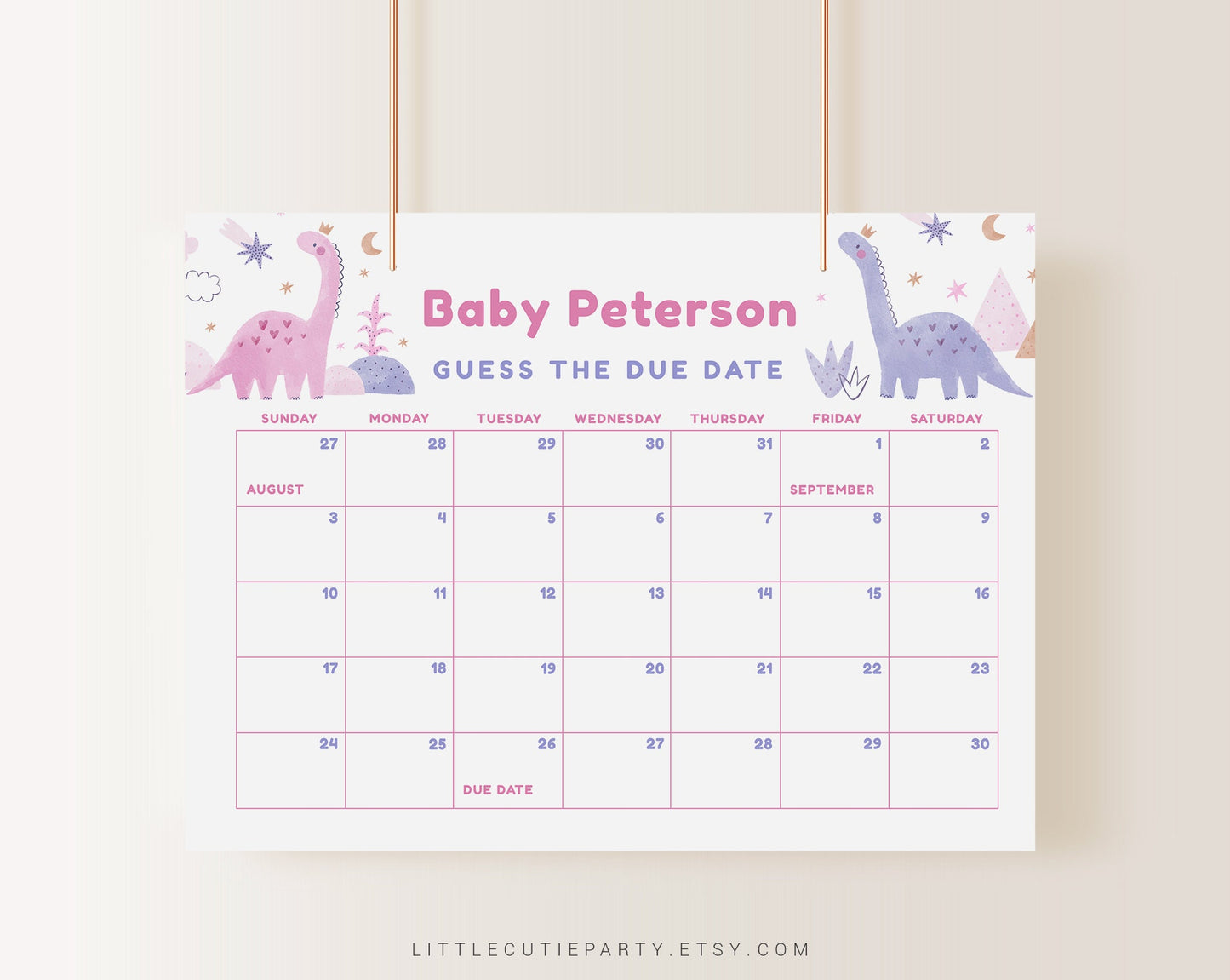 Editable Girl Dinosaur Baby Shower Due Date, Dinosaur Baby Shower Games, Due Date Calendar for Baby Girl Dinosaur Party DINOGBS001