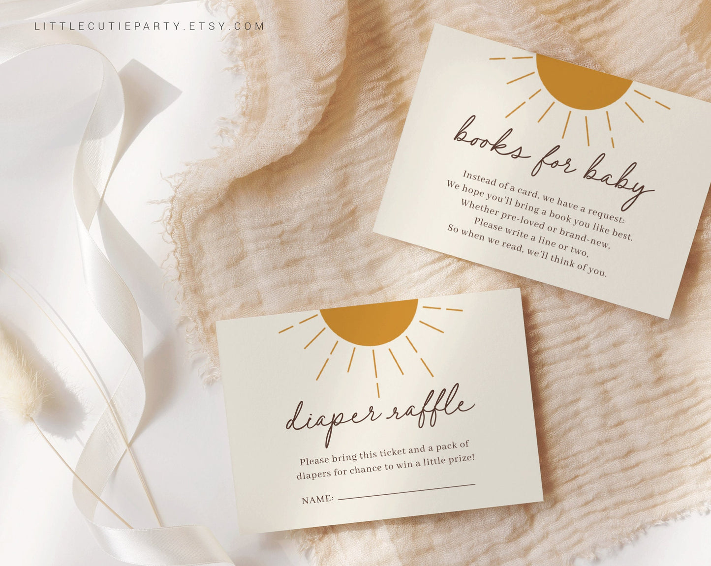 Editable A Little Ray of Sunshine Baby Shower Invitation, Boho Sunshine Baby Shower with Diaper Raffle, Books for Baby and Tag SUNBS001