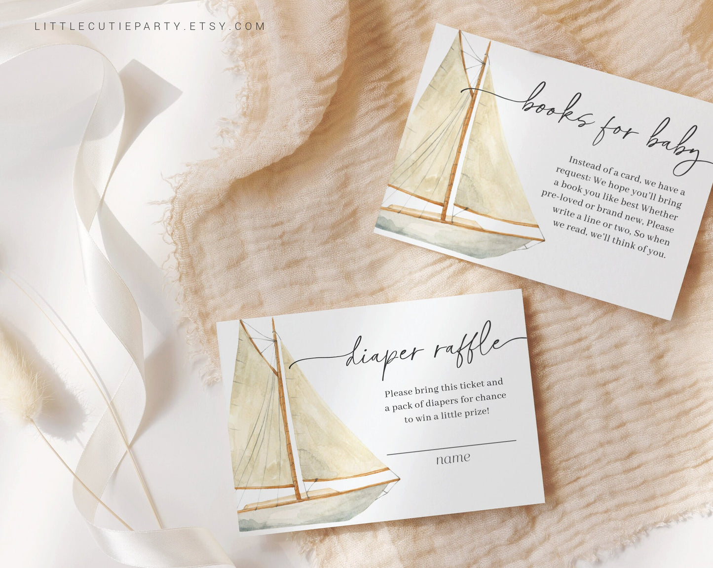 Editable Sailboat Invitation, Nautical Baby Shower Invite with Diaper Raffle, Books for Baby and Gift Tag, Nautical Baby Theme NAUBS003