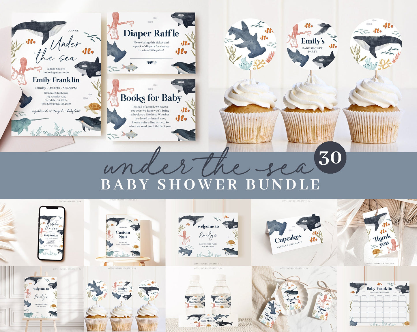 Editable Ocean Baby Shower Bundle, Under the Sea Baby Shower Decorations, with Games Bundle and All Decorations OCENBS002