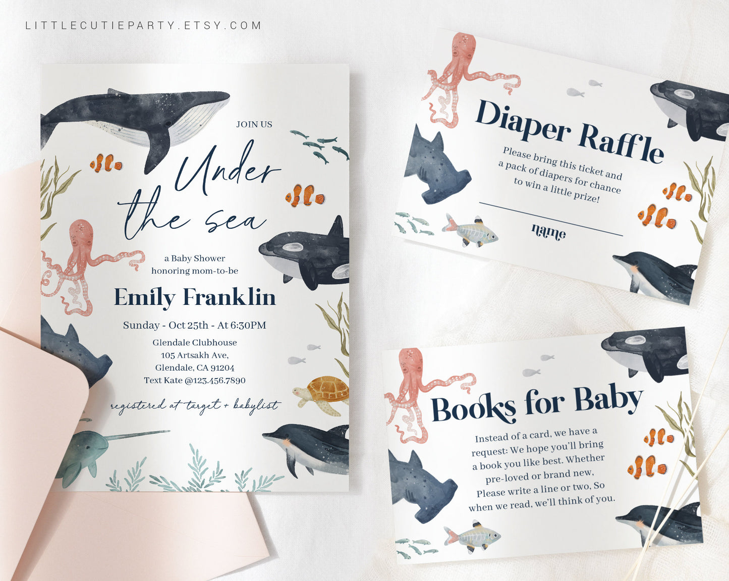 Editable Ocean Baby Shower, Under the Sea Baby Shower, with Diaper Raffle, Books for Baby and Gift Tag OCENBS002
