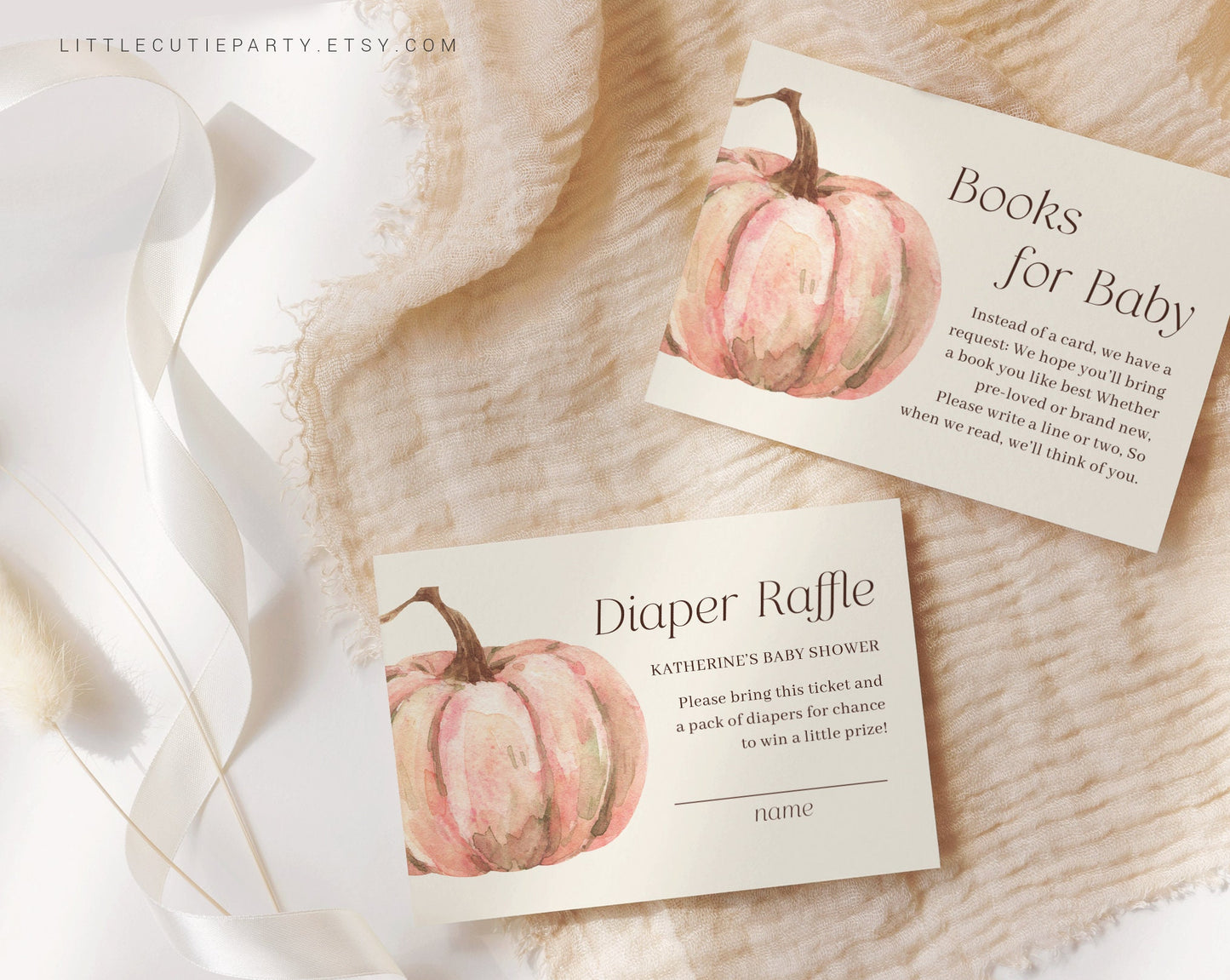 Editable Pink Pumpkin Baby Shower Invitation, Little Pumpkin Baby Shower with Diaper Raffle, Books for Baby and Gift Tag PMKBS002