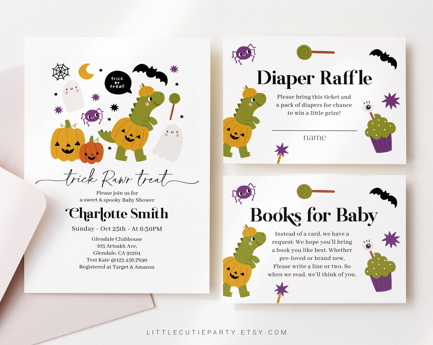 Editable Dino Halloween Baby Shower Invitation, Halloween Babyshower with Diaper Raffle, Books for Baby and Gift Tag HLWBS001
