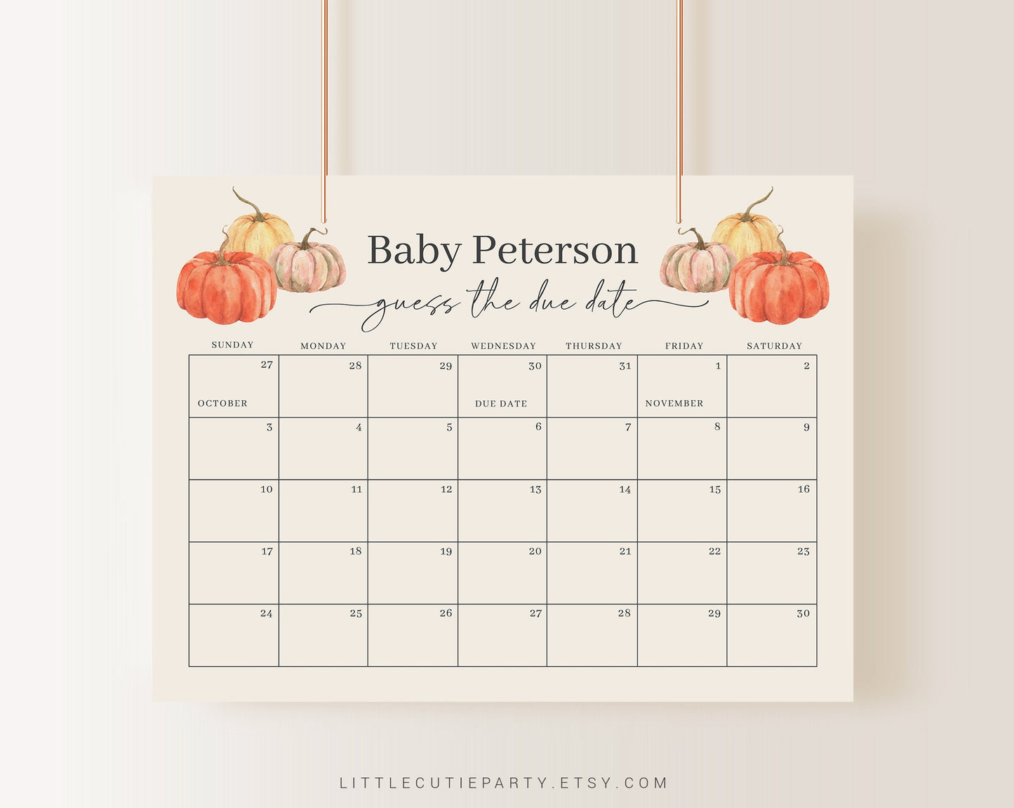 Editable Little Pumpkin Baby Shower Due Date, Duck Baby Calendar Game, Due Date Calendar for Pumpkin Party PMKBS001