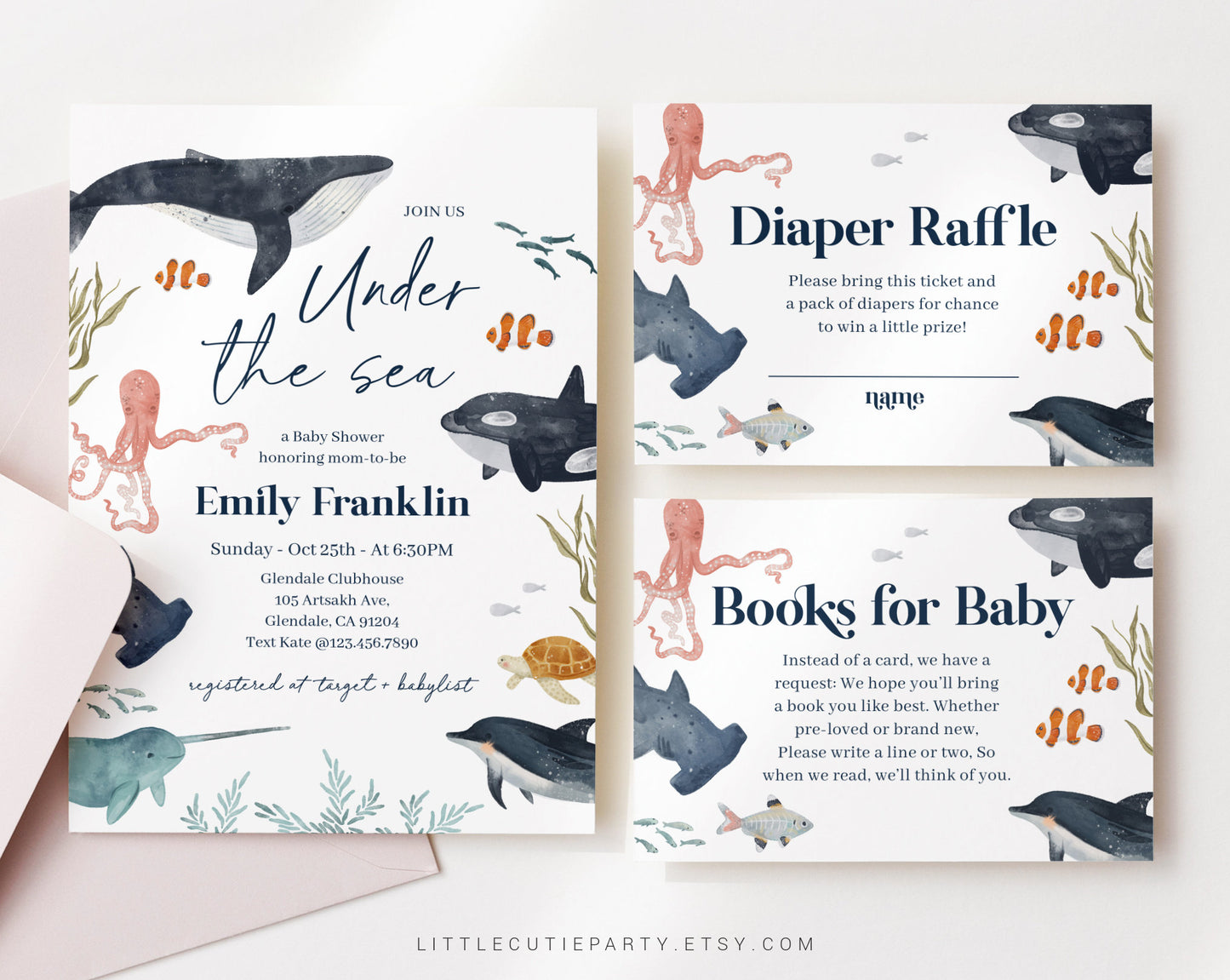 Editable Ocean Baby Shower, Under the Sea Baby Shower, with Diaper Raffle, Books for Baby and Gift Tag OCENBS002