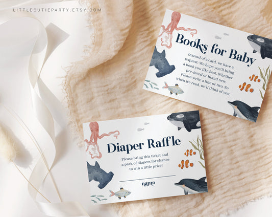 Editable Ocean Baby Shower Evite, Under the Sea Baby Shower Invite, with Diaper Raffle, Books for Baby and Gift Tag OCENBS002