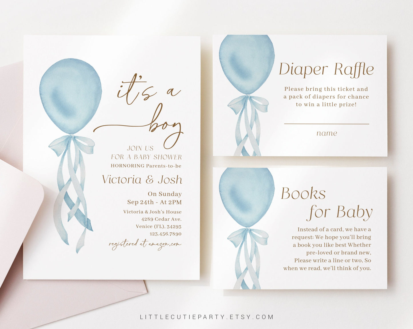 Editable Blue Balloon Baby Shower Invitation Set, Its a Boy Invitation Baby Shower with Diaper Raffle, Books for Baby and Gift Tag BBLNBS001
