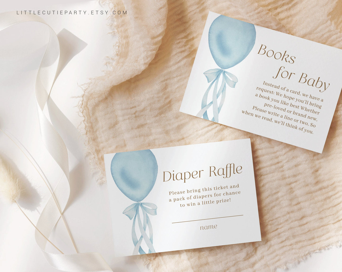 Editable Blue Balloon Baby Shower Invitation Set, Its a Boy Invitation Baby Shower with Diaper Raffle, Books for Baby and Gift Tag BBLNBS001
