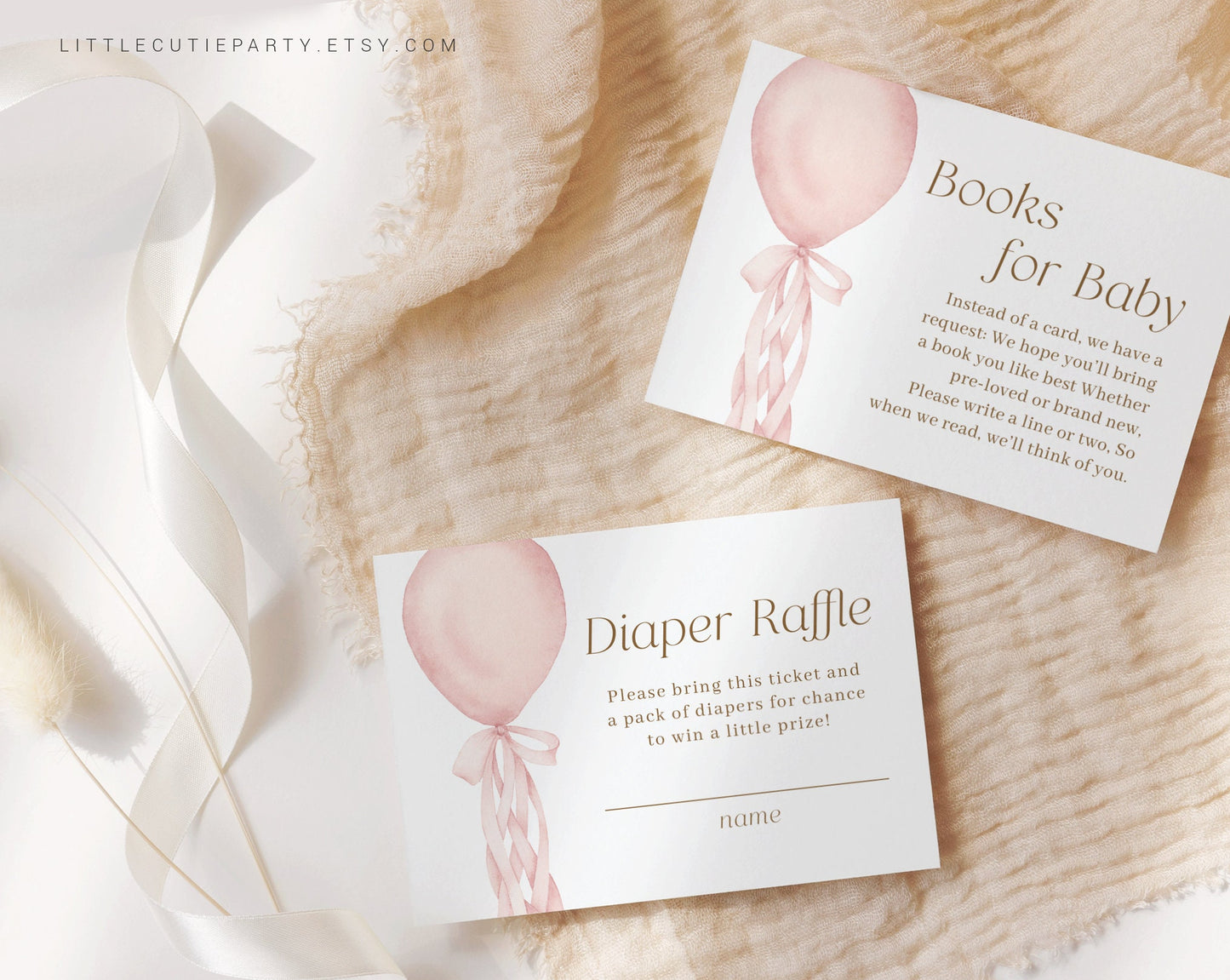 Editable Pink Balloon Baby Shower Invitation, Its a Girl Invitation Baby Shower with Diaper Raffle, Books for Baby and Gift Tag PBLNBS001