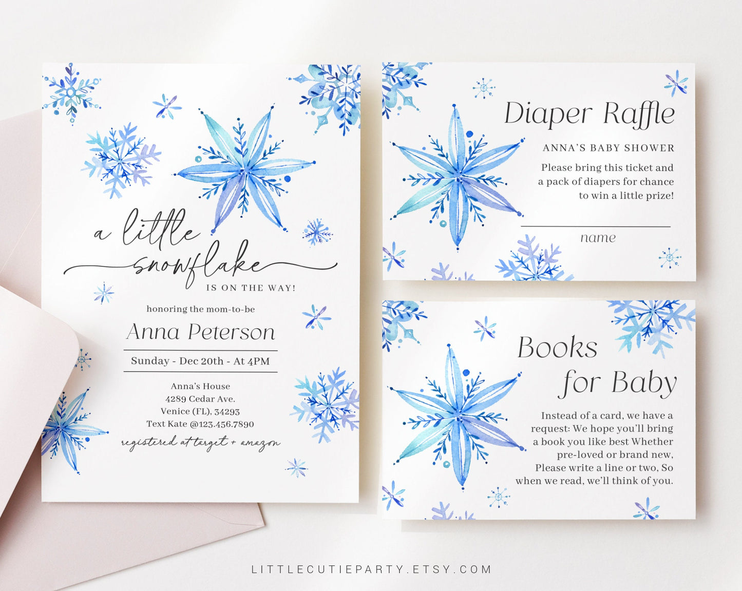 Editable Little Snowflake Baby Shower Invitation, Blue Snowflake Babyshower for Boy with Diaper Raffle, Books for Baby and Gift Tag SNFBS001
