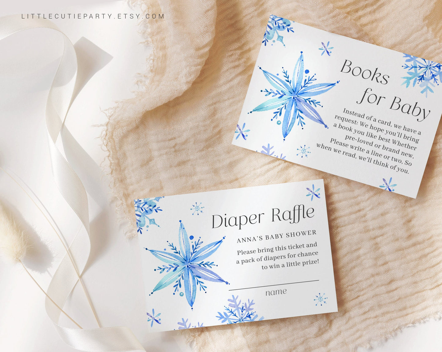 Editable Little Snowflake Baby Shower Invitation, Blue Snowflake Babyshower for Boy with Diaper Raffle, Books for Baby and Gift Tag SNFBS001