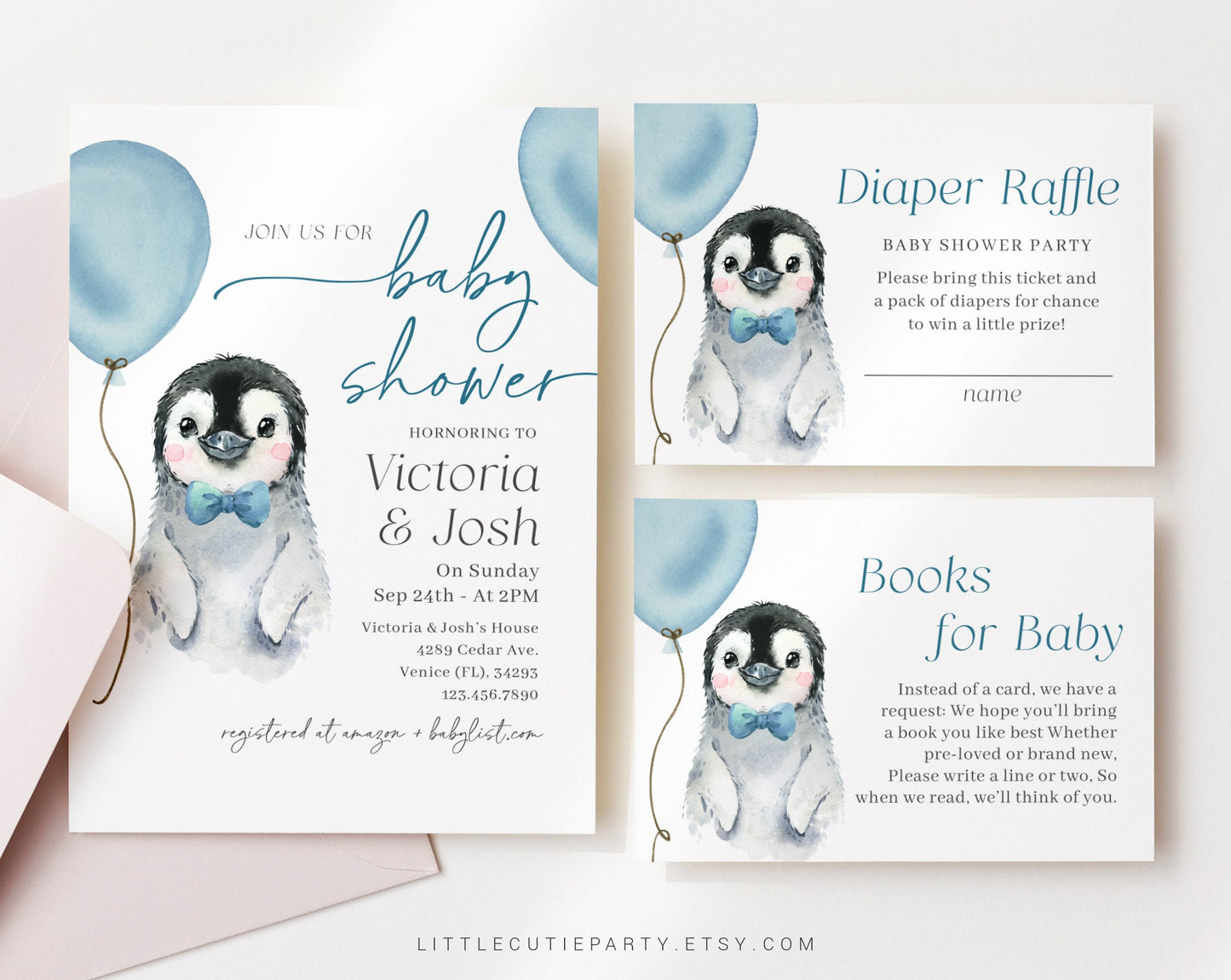 Editable Penguin Baby Shower Invitation for Boy, Little Penguin Theme with Diaper Raffle, Books for Baby and Gift Tag PENGBS002