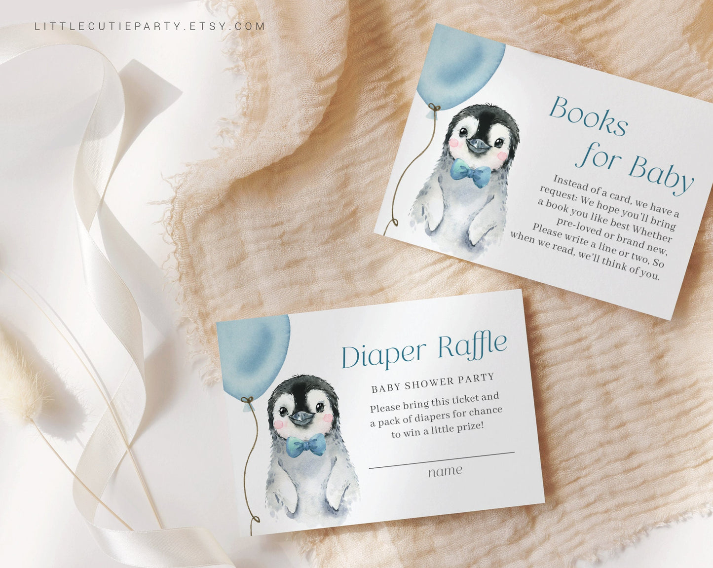 Editable Penguin Baby Shower Invitation for Boy, Little Penguin Theme with Diaper Raffle, Books for Baby and Gift Tag PENGBS002