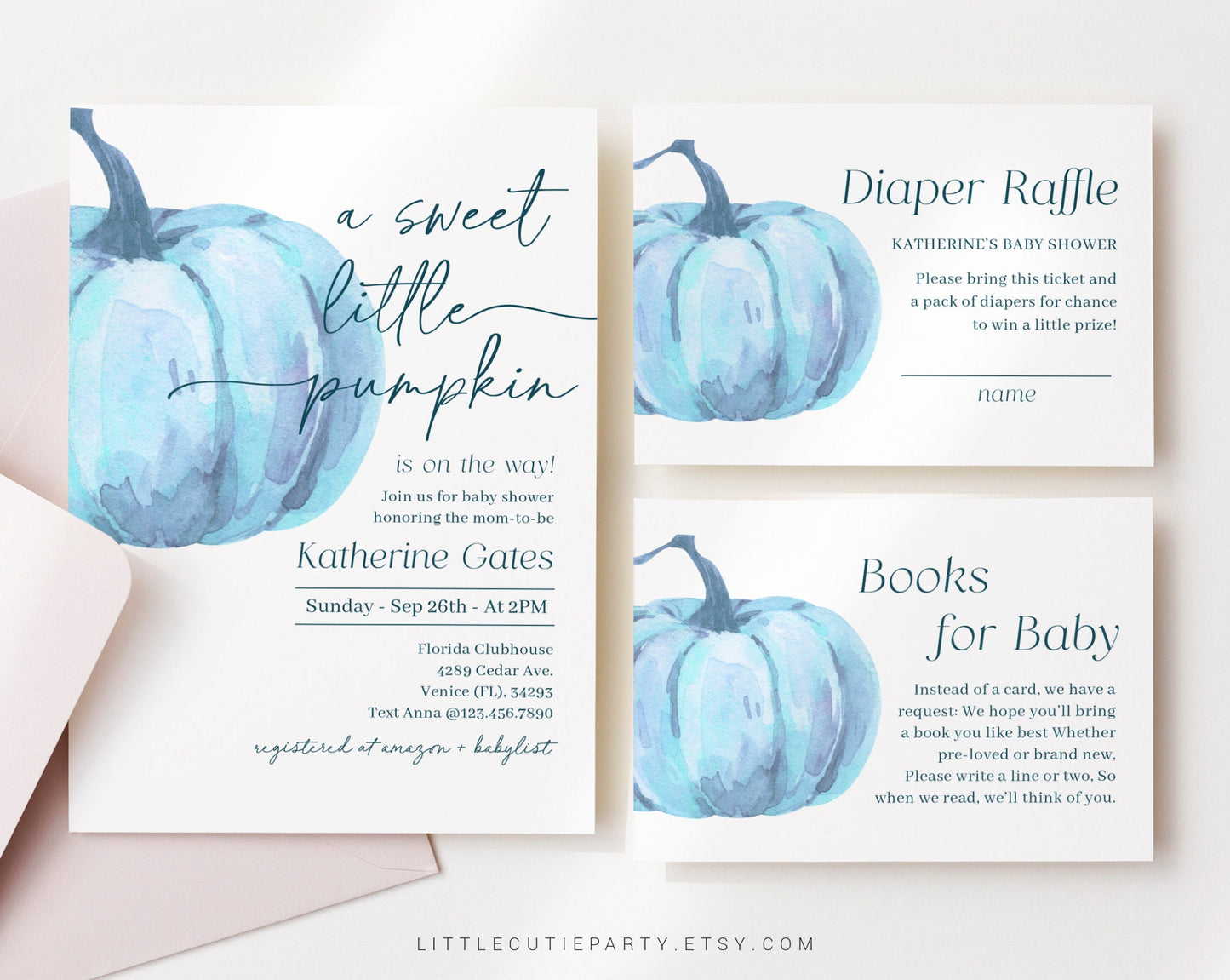 Editable Blue Pumpkin Baby Shower Invitation, Little Pumpkin Baby Shower with Diaper Raffle, Books for Baby and Gift Tag PMKBS003