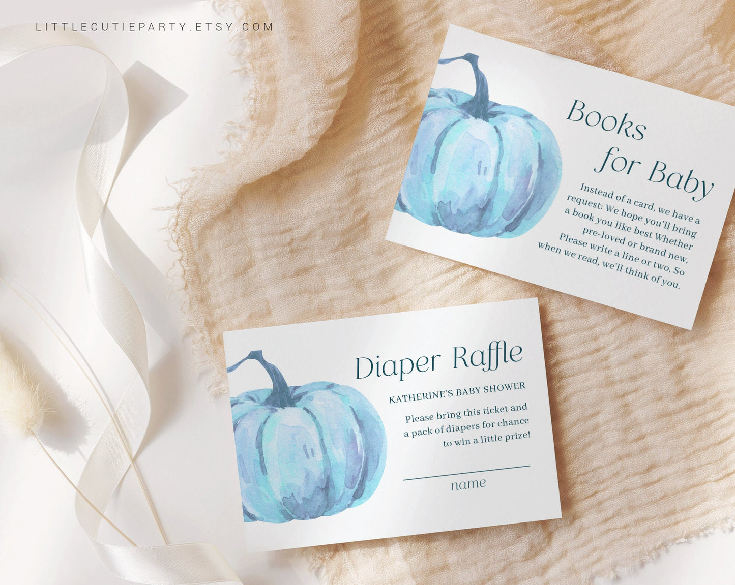 Editable Blue Pumpkin Baby Shower Invitation, Little Pumpkin Baby Shower with Diaper Raffle, Books for Baby and Gift Tag PMKBS003