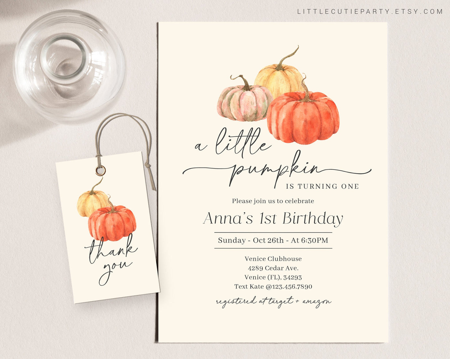 Editable Little Pumpkin First Birthday Invitation, Little Pumpkin is One Invitation, Pumpkin Birthday Party Invite with Gift Tag PMKBD001