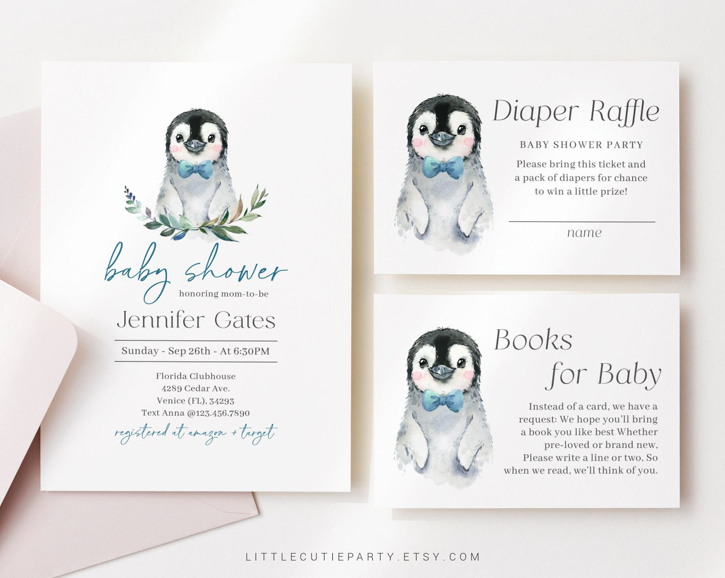 Editable Penguin Baby Shower Invitation for Boy, Little Penguin Theme with Diaper Raffle, Books for Baby and Gift Tag PENGBS004