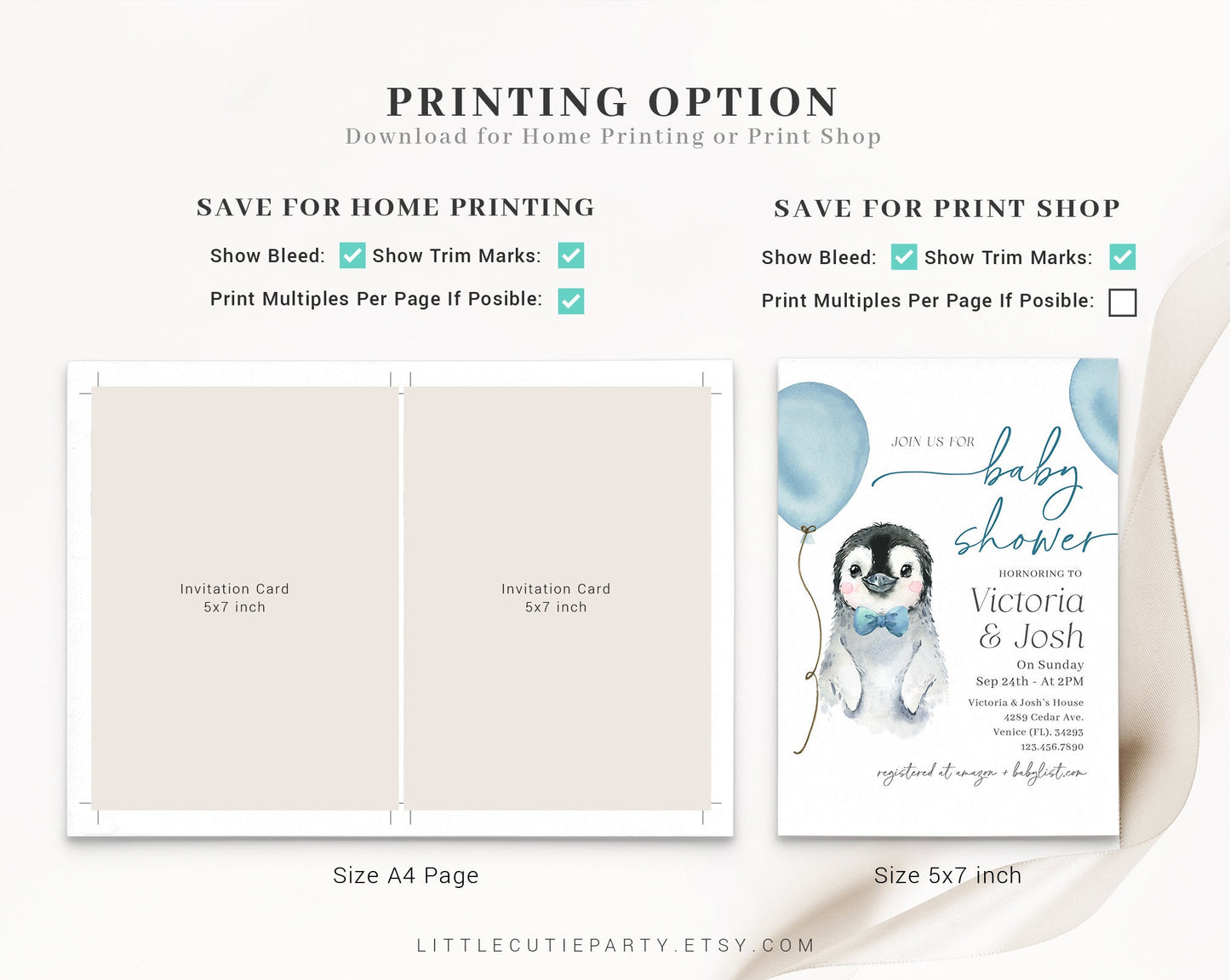 Editable Penguin Baby Shower Invitation for Boy, Little Penguin Theme with Diaper Raffle, Books for Baby and Gift Tag PENGBS002