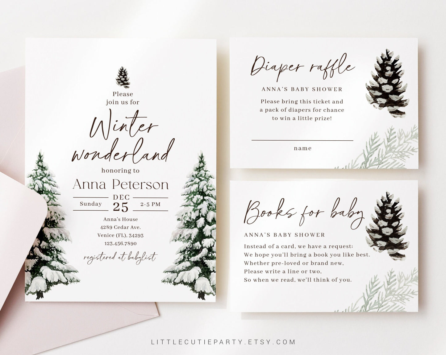 Editable Winter Wonderland Baby Shower Invitation, Winter Baby Shower, Snow Baby with Diaper Raffle, Books for Baby and Gift Tag WINBS003