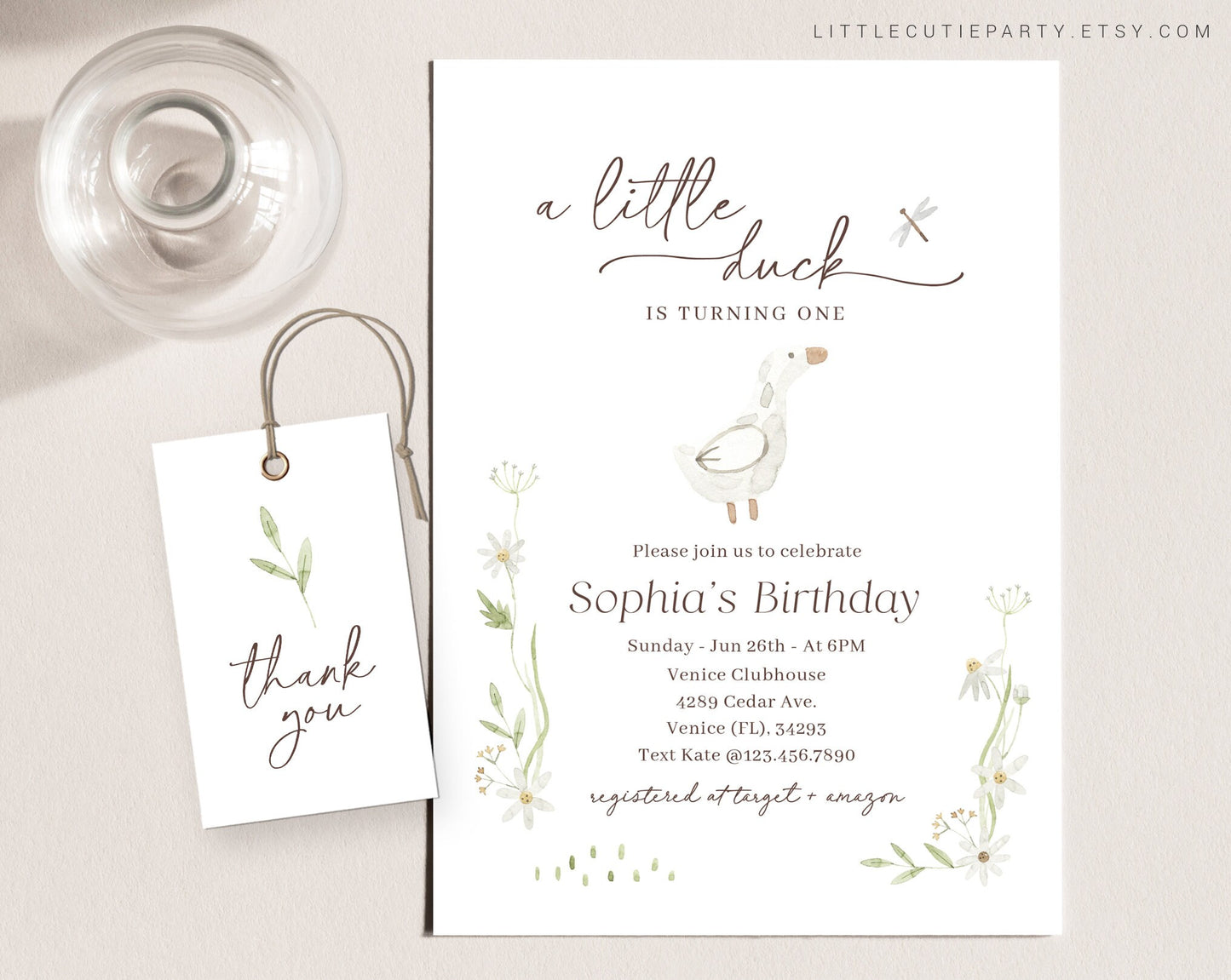 Editable Duck First Birthday Invitation, Duck Invitation, Duck Birthday Party Invite with Gift Tag DCKBD001