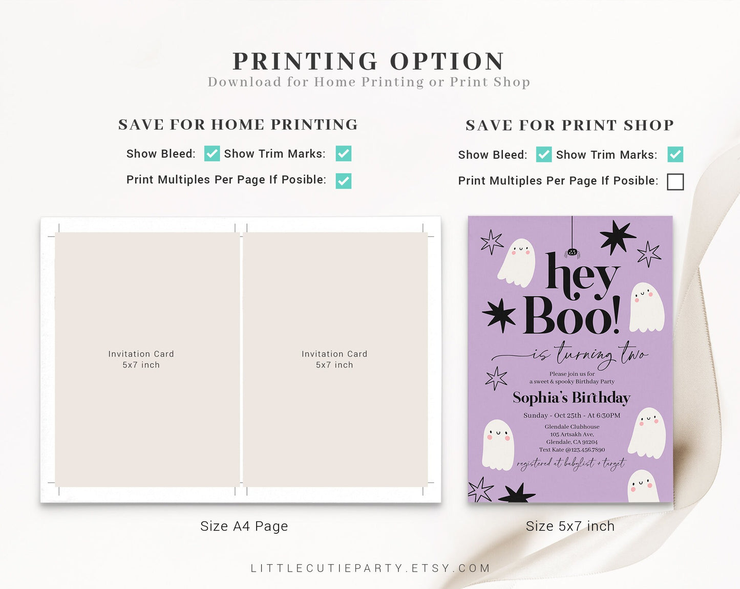 Editable Hey Boo Birthday Invitation, Birthday Halloween Invitation, Hey Boo Ghost Party Invite with Gift Tag LTBBD002