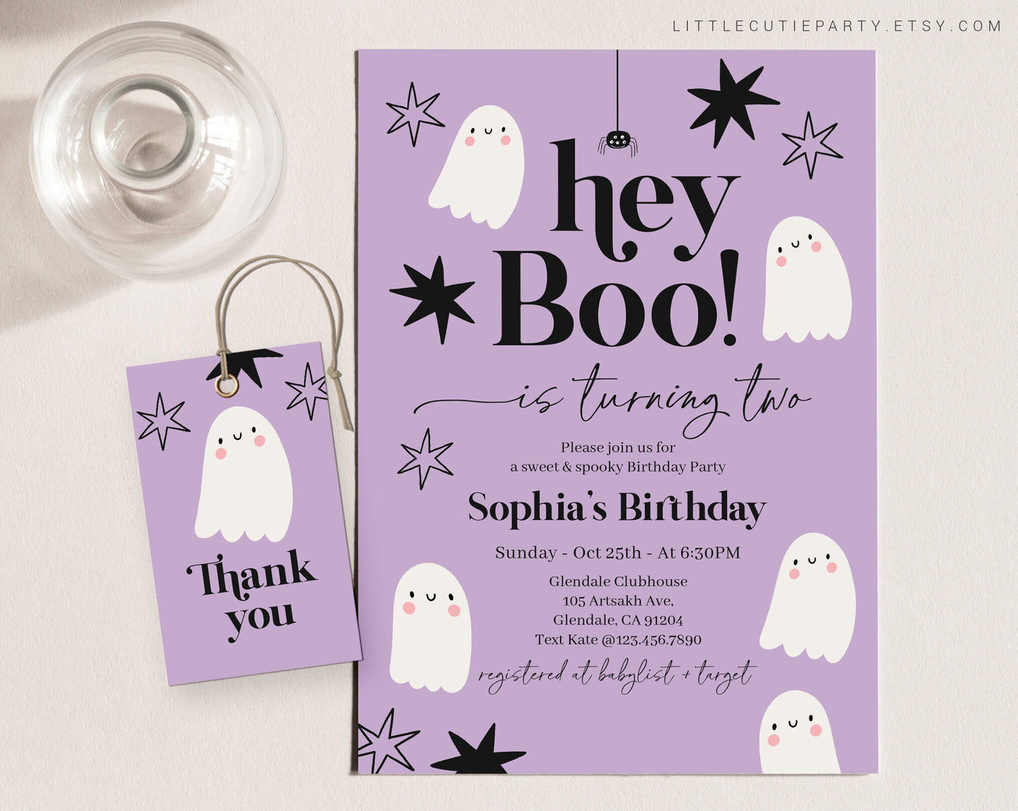 Editable Hey Boo Birthday Invitation, Birthday Halloween Invitation, Hey Boo Ghost Party Invite with Gift Tag LTBBD002