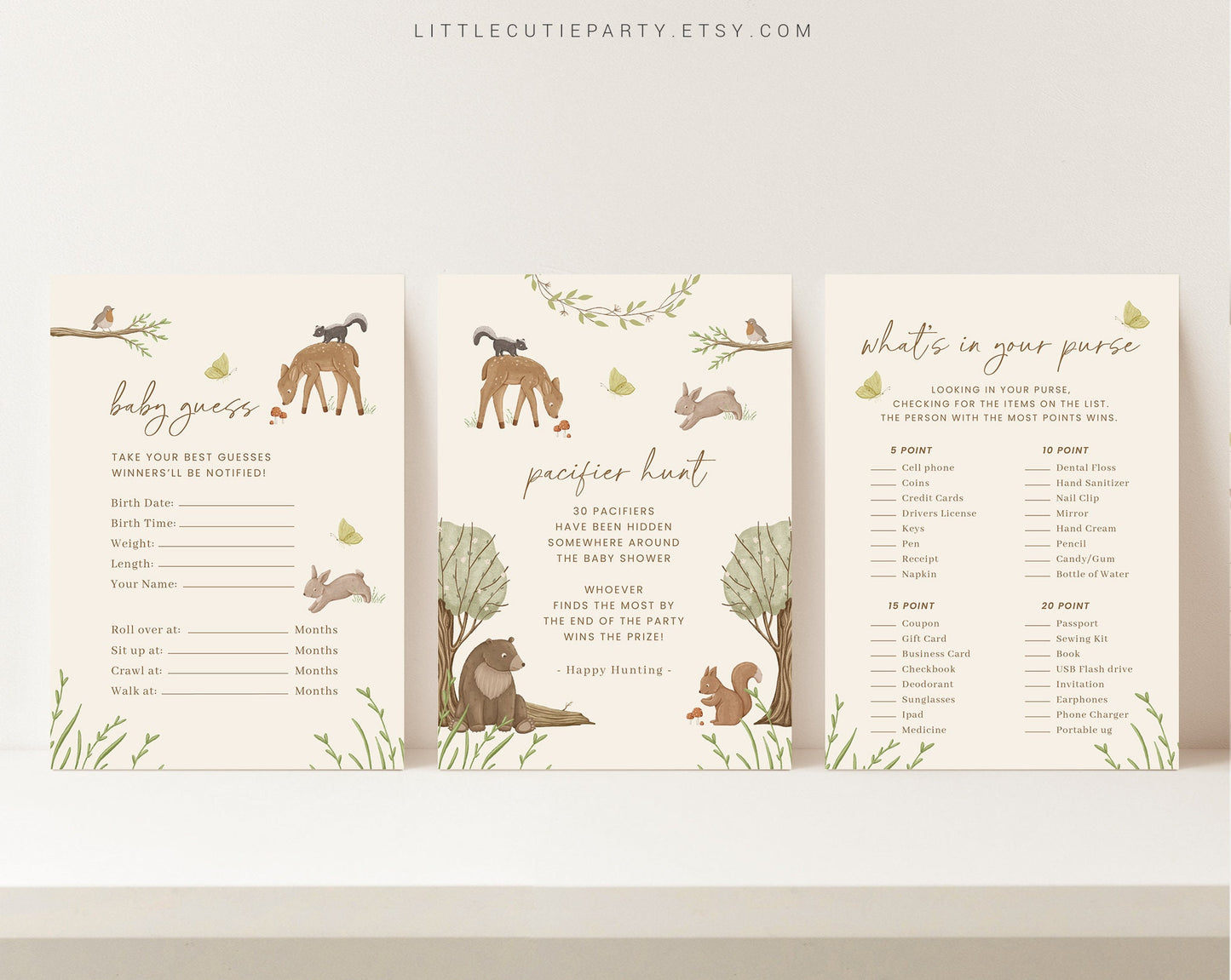 10 Editable Woodland Baby Shower Games, Woodland Baby Shower Games Bundle, Wild Animals Gender Neutral Party Games WOOD001