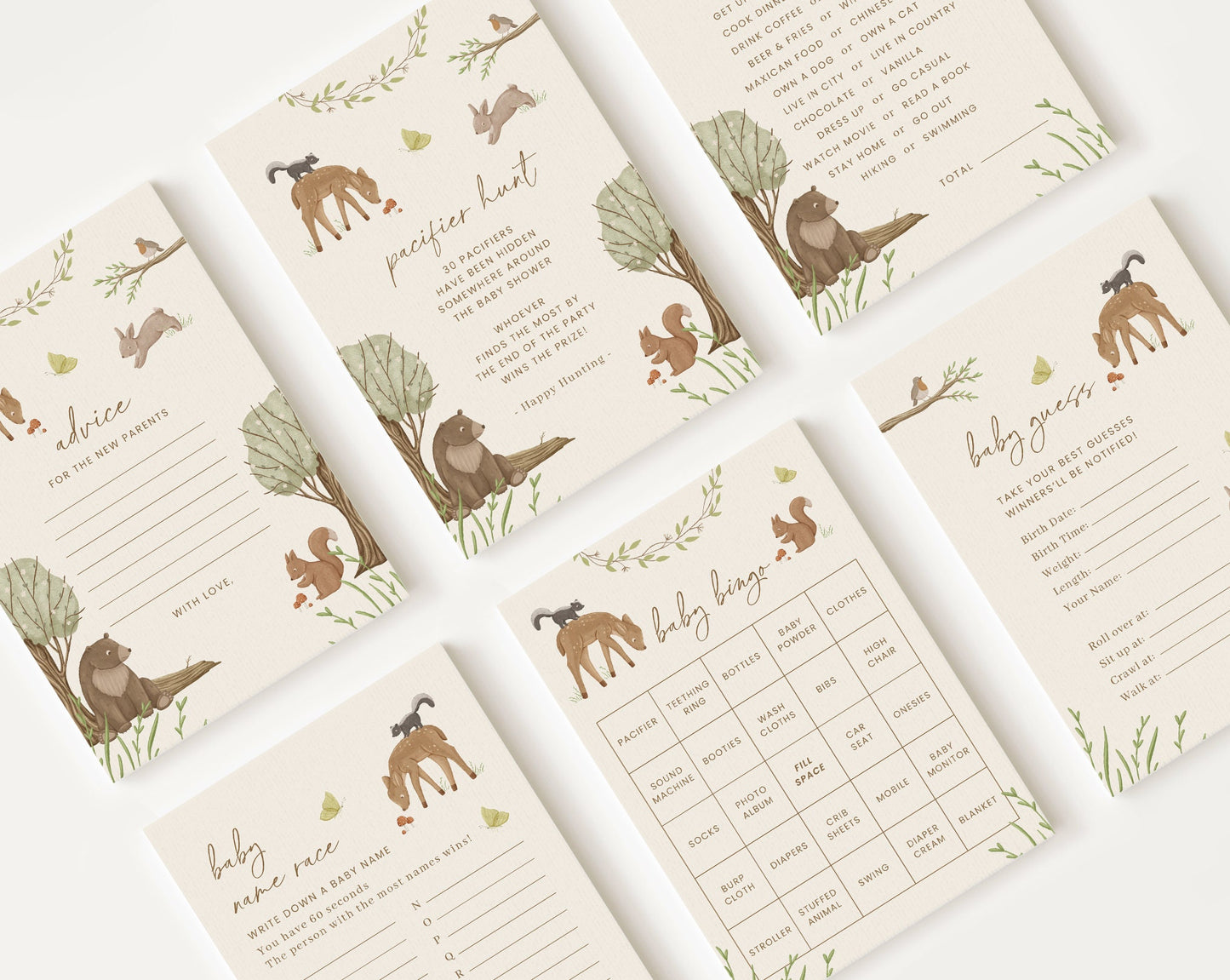10 Editable Woodland Baby Shower Games, Woodland Baby Shower Games Bundle, Wild Animals Gender Neutral Party Games WOOD001