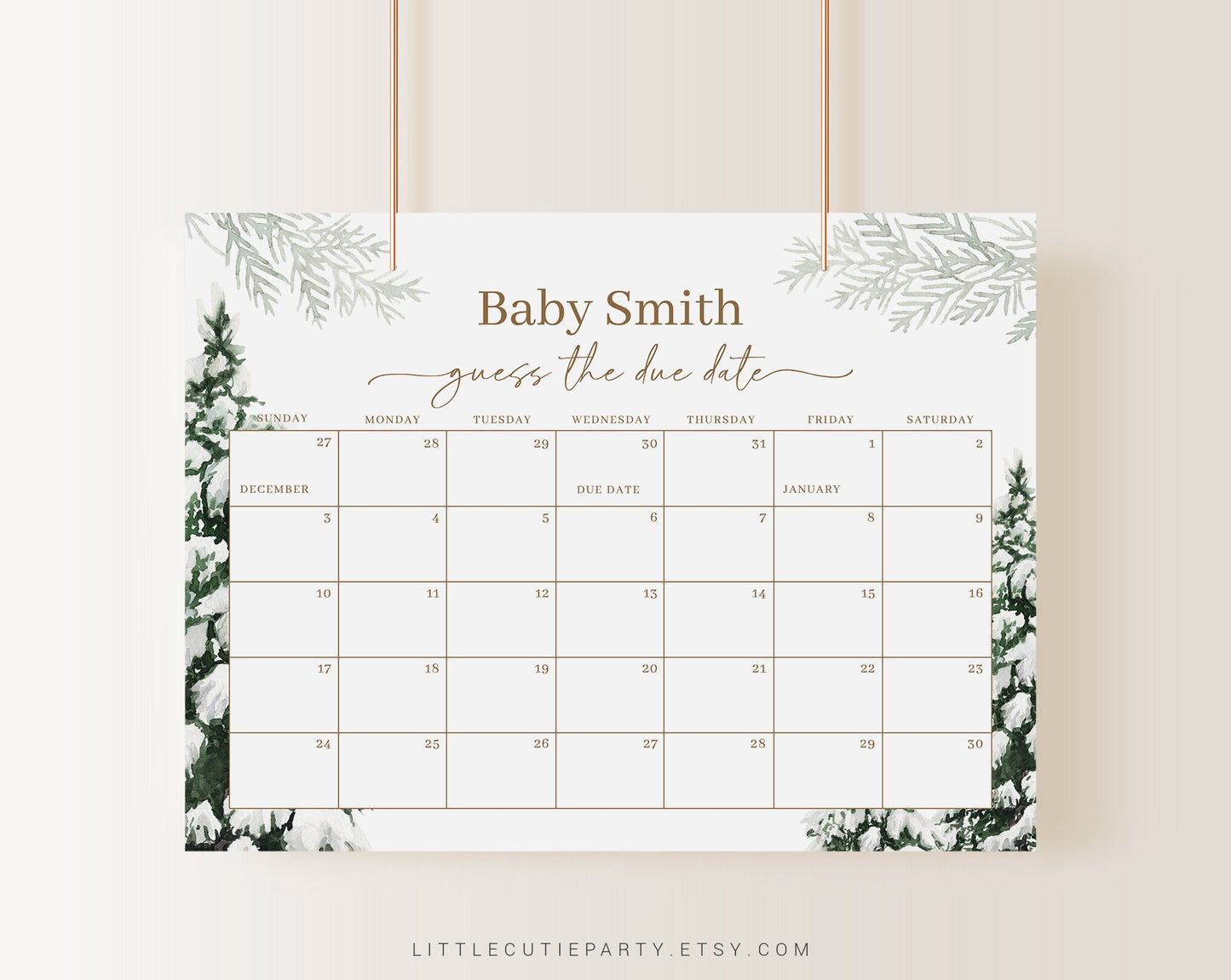 Editable Baby Its Cold Outside Baby Shower Due Date, Winter Baby Shower Due Date Calendar for Winter Baby Shower Party WINBS001