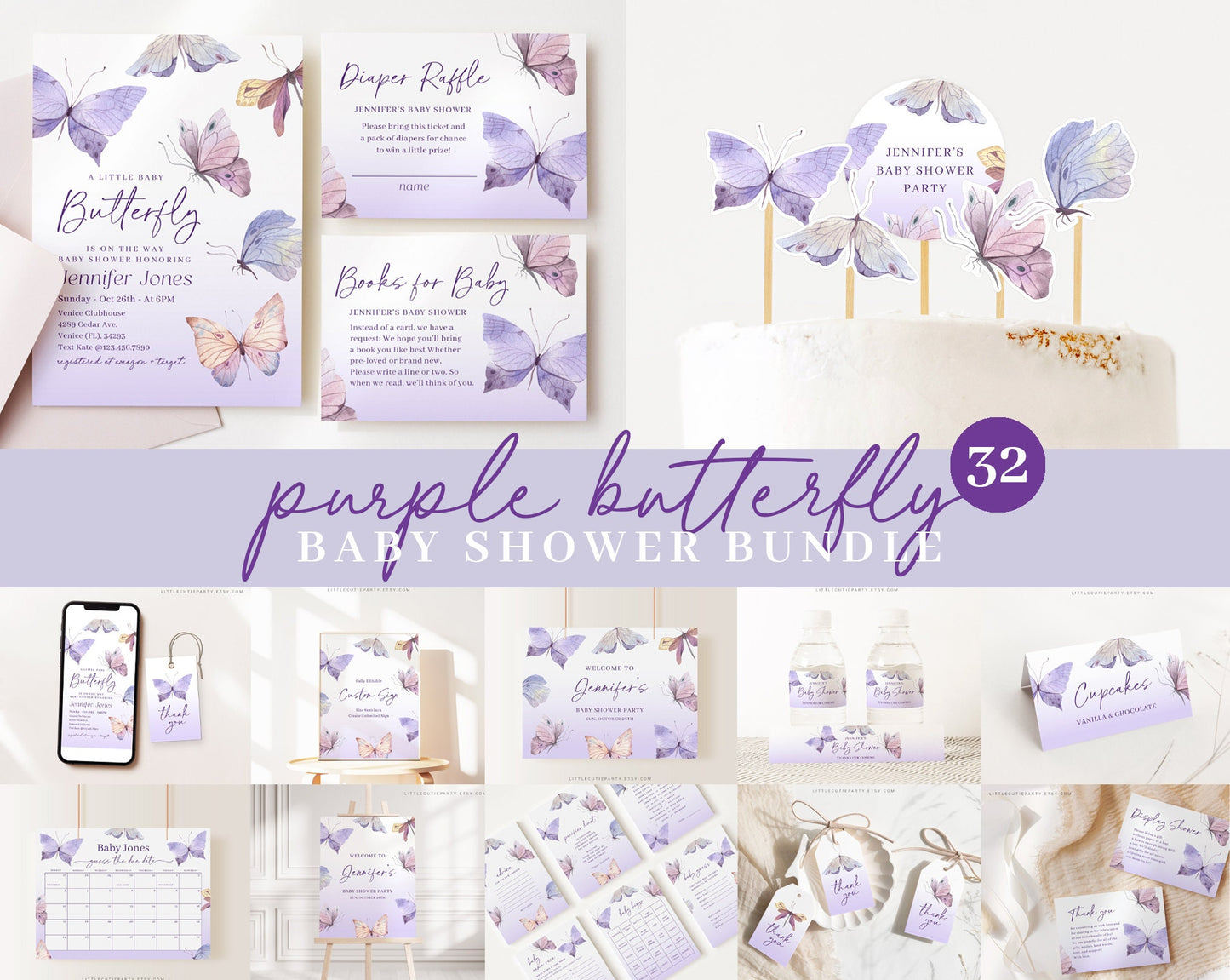 Editable Purple Butterfly Baby Shower Bundle, Purple Butterfly bundle, with Games Bundle and All Decorations BTFBS002