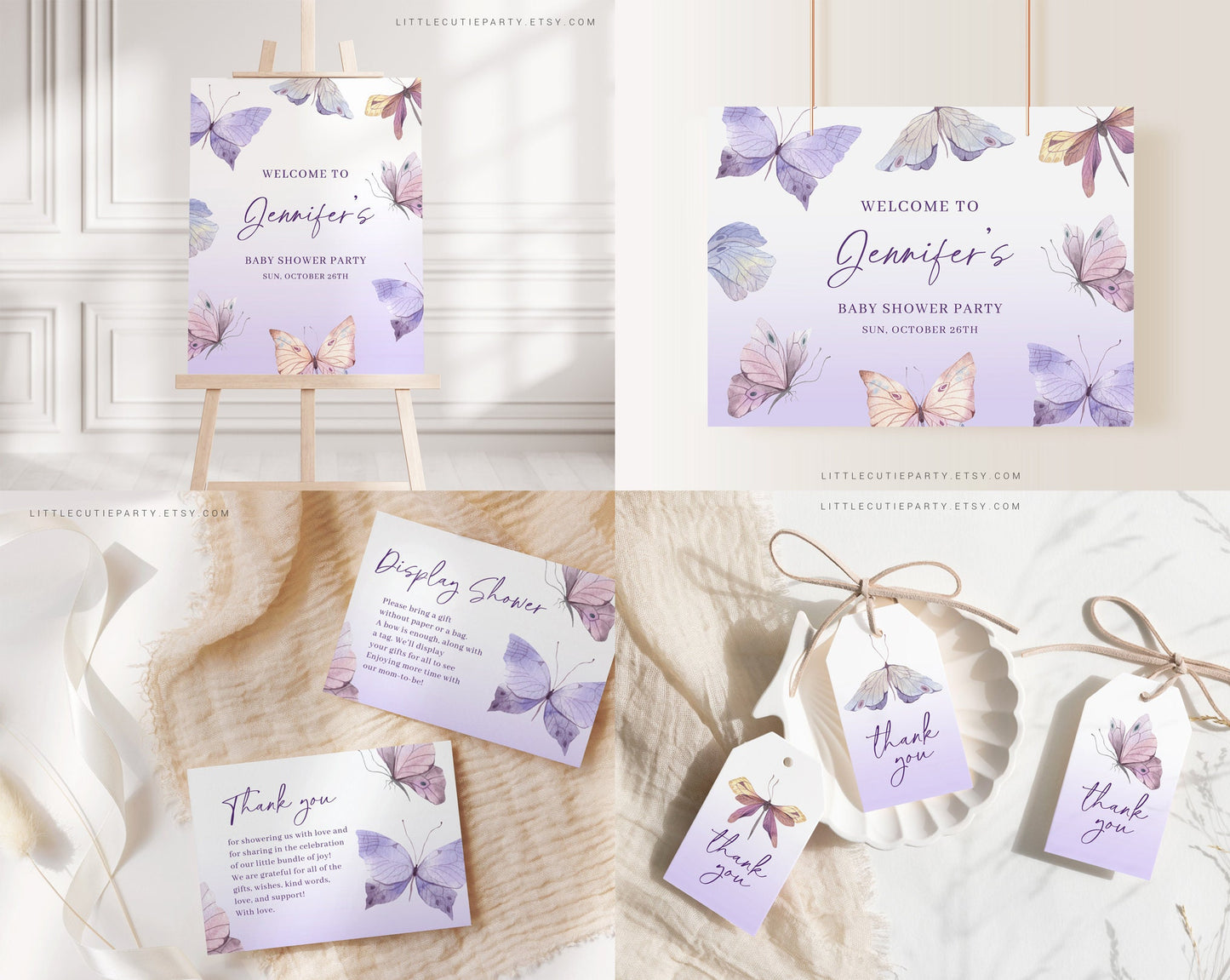 Editable Purple Butterfly Baby Shower Bundle, Purple Butterfly bundle, with Games Bundle and All Decorations BTFBS002