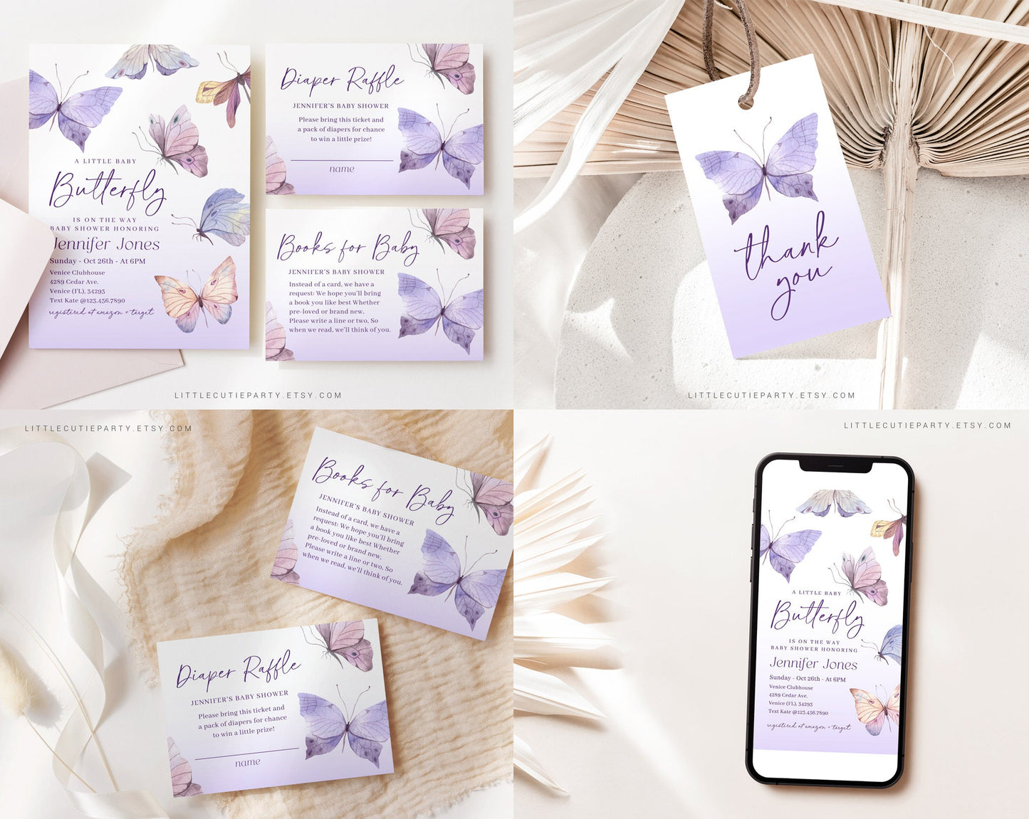 Editable Purple Butterfly Baby Shower Bundle, Purple Butterfly bundle, with Games Bundle and All Decorations BTFBS002