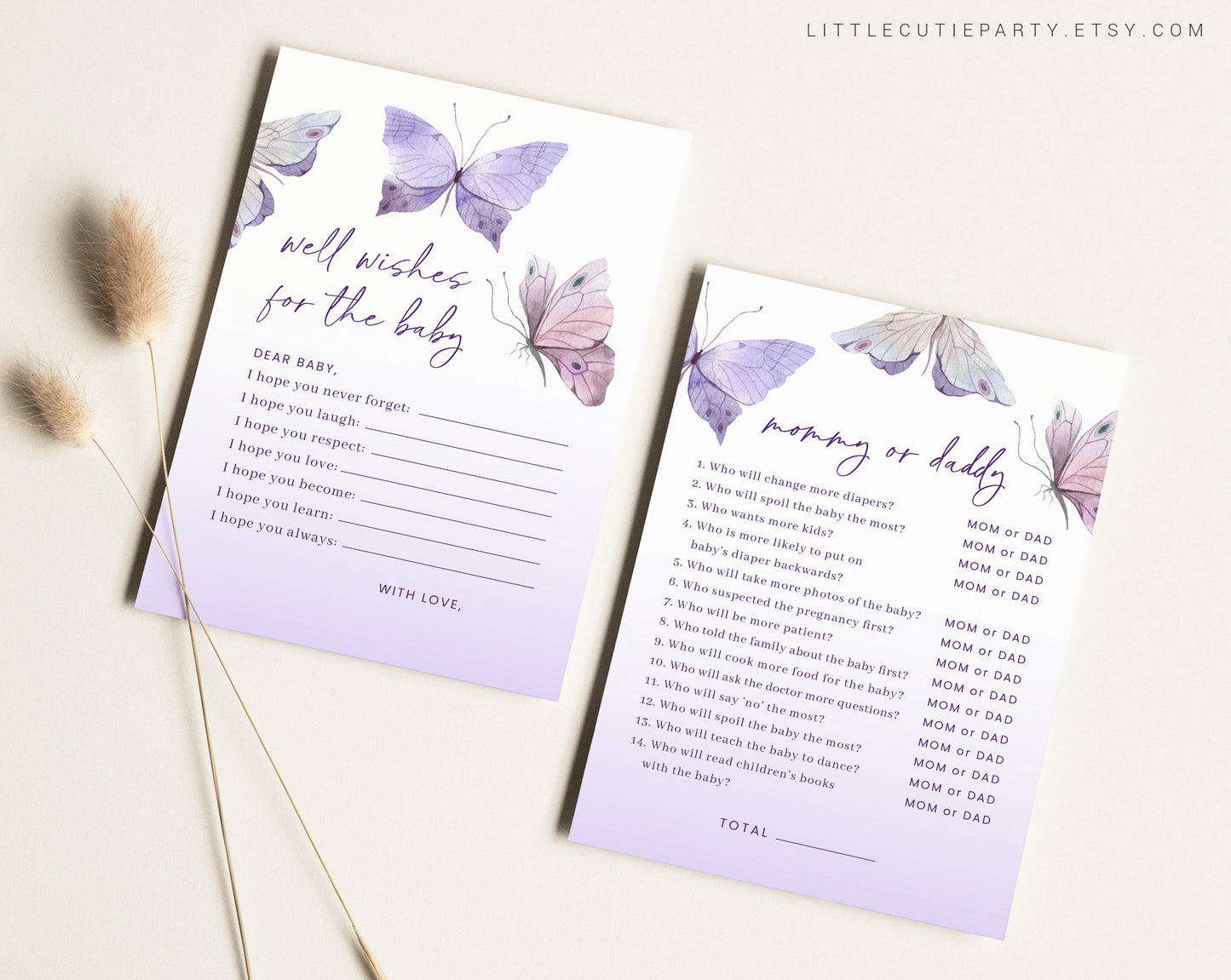 10 Editable Purple Butterfly Babyshower Games, Baby Shower Games Bundle, Gender Neutral Party Games BTFBS002