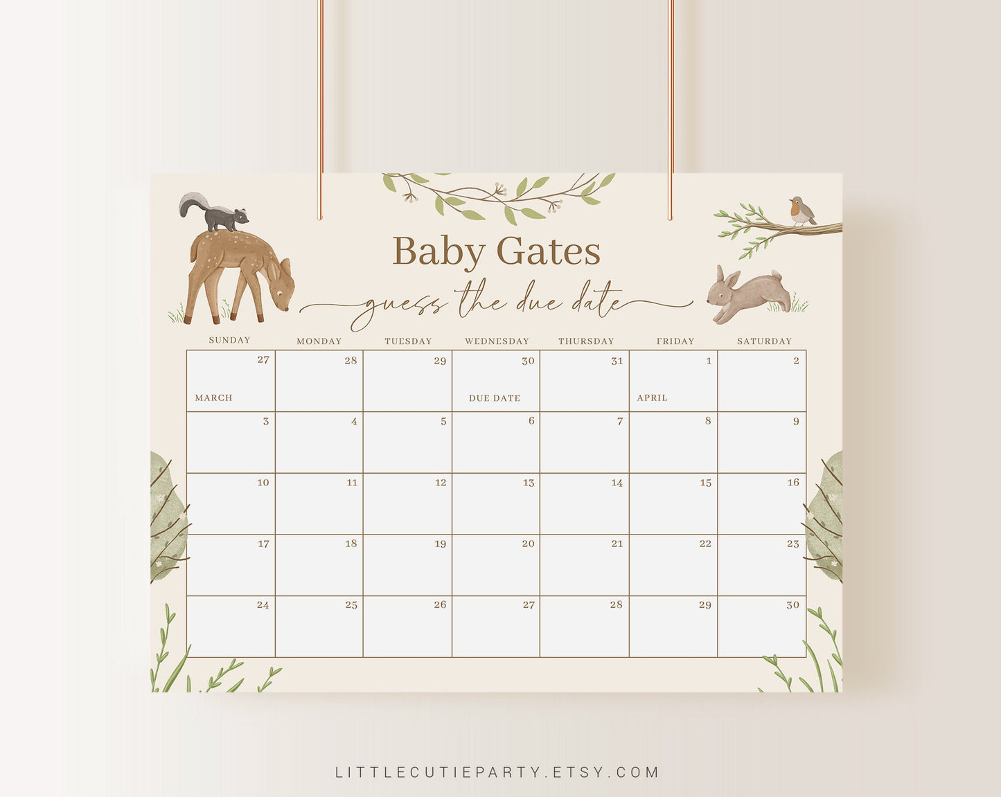Editable Woodland Baby Shower Calendar, Woodland Due Date Calendar, Baby Shower Due Date Calendar Games for Shower Party WOOD001