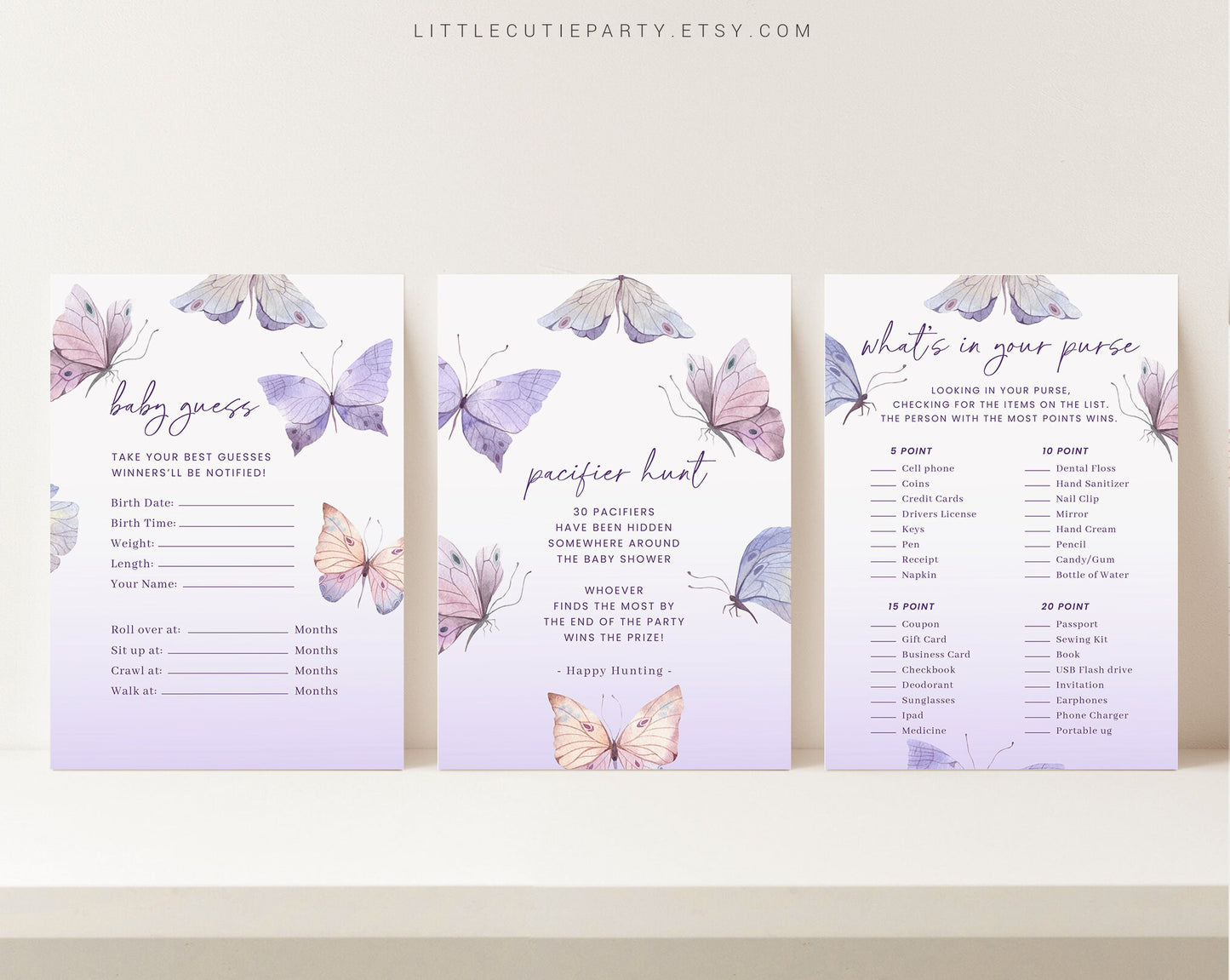 10 Editable Purple Butterfly Babyshower Games, Baby Shower Games Bundle, Gender Neutral Party Games BTFBS002